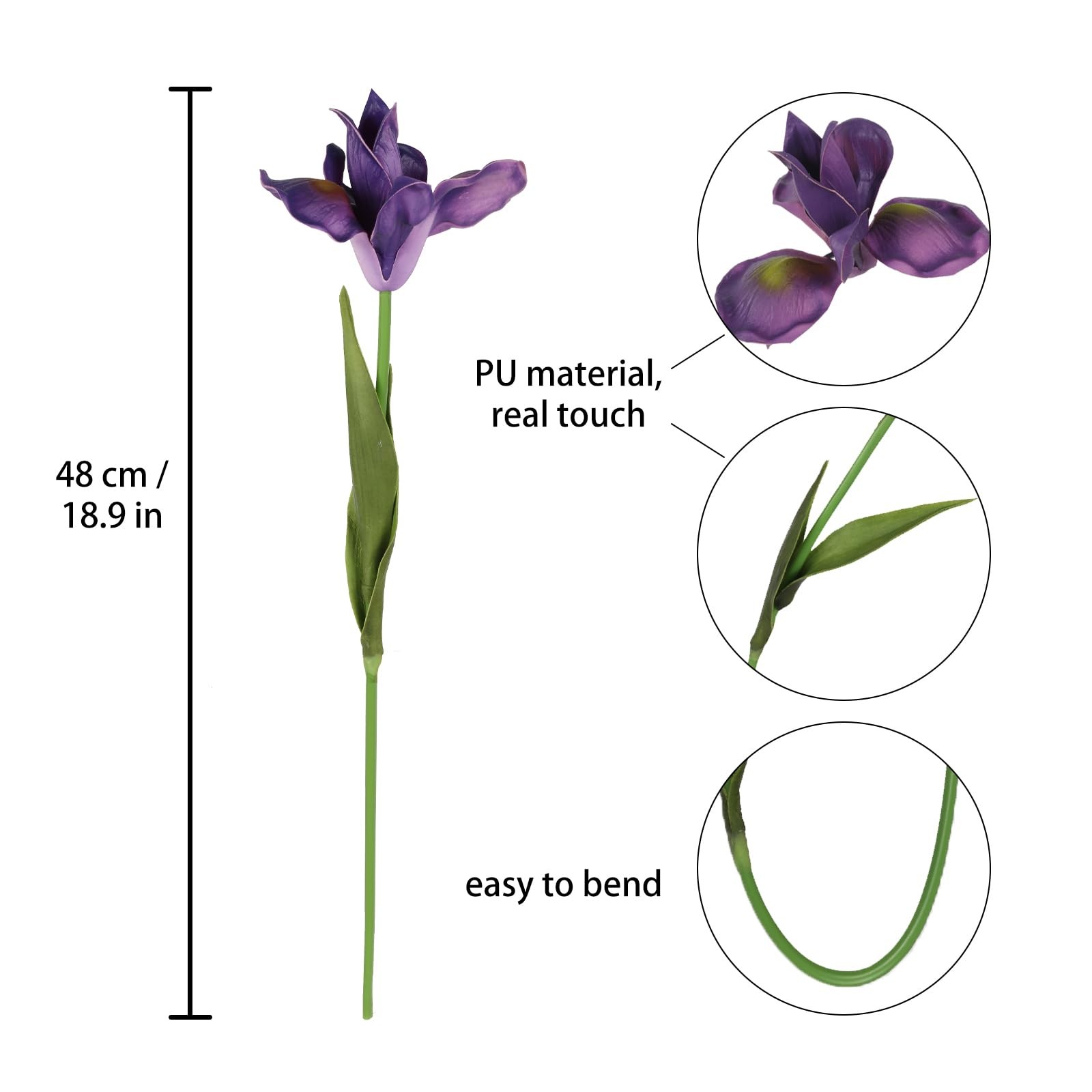 Purple Iris Flowers Real Touch 6 PCS Iris Artificial Flowers 18.9 in Long Ste…