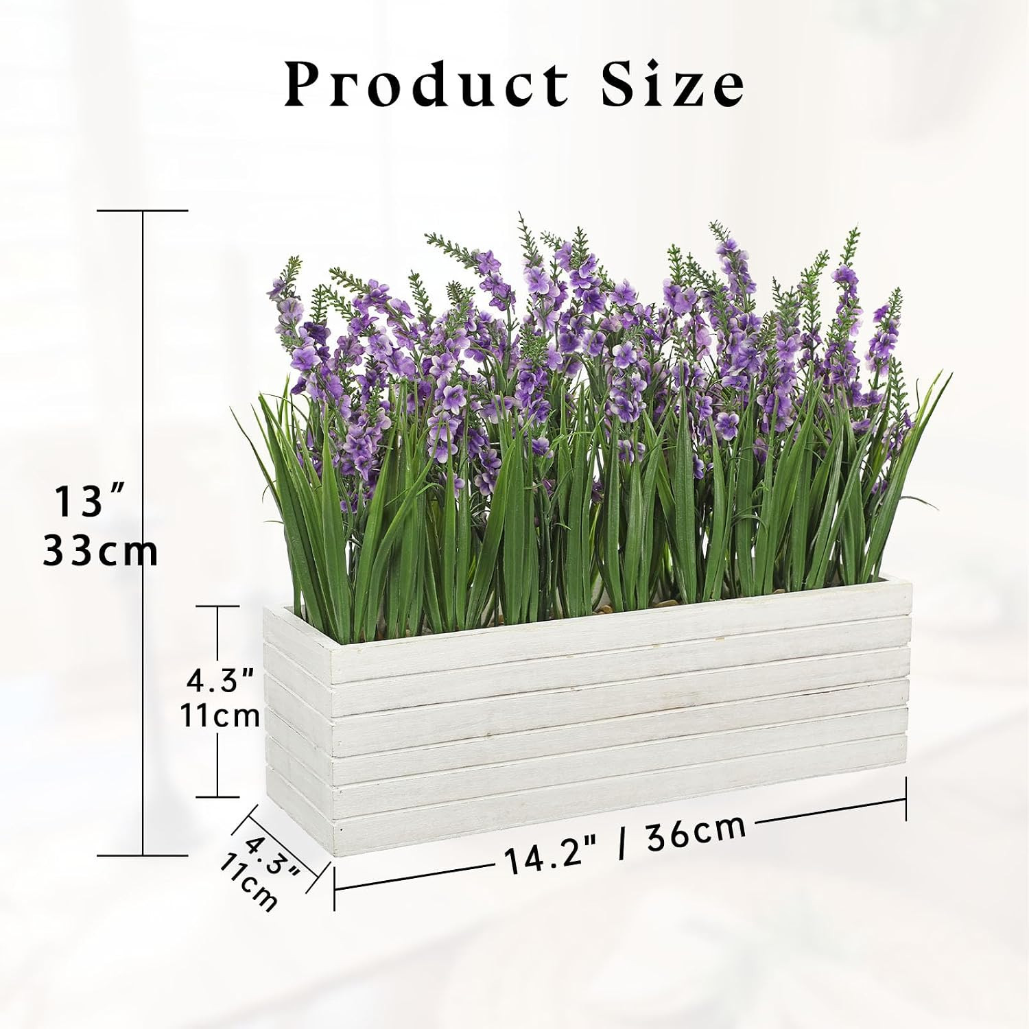 14″ Lavender Flower Arrangement in Rustic Wood Planter for Home Decor
