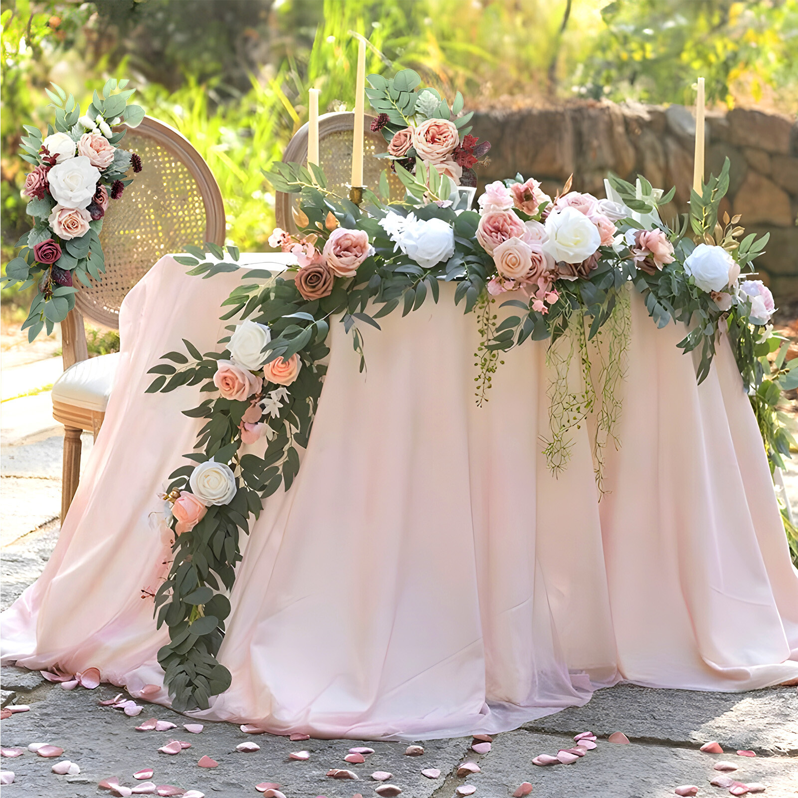 2PCS Fake Silk Rose Garland Real Touch Hanging Vine for Wedding Table Arch Decor