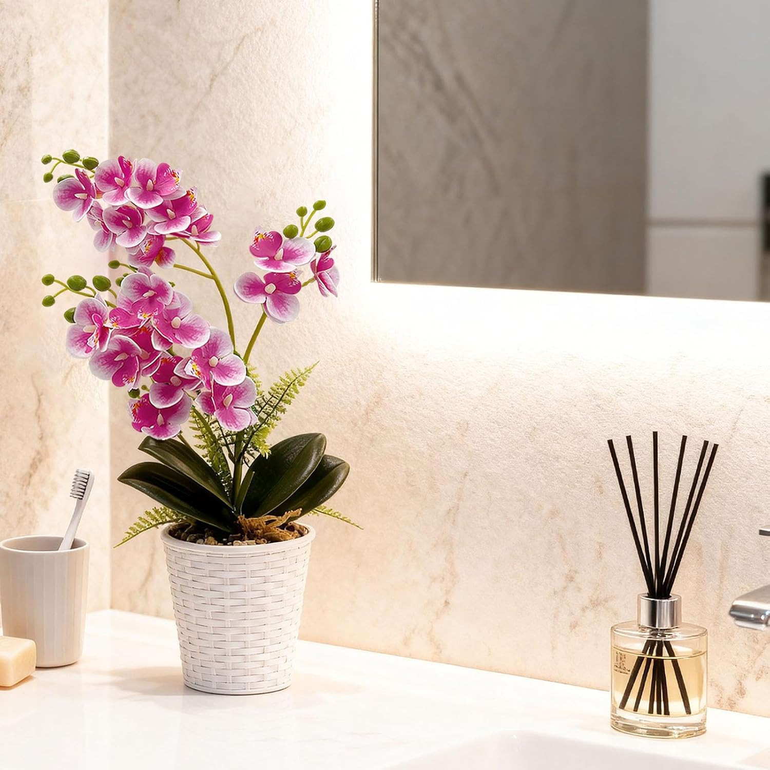 Potted Artificial Orchid Flowers – 2 Pack Silk Phalaenopsis for Home Decor