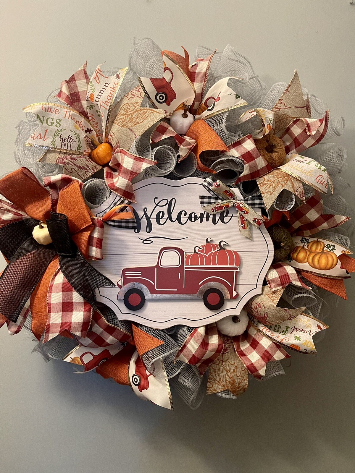 Fall Autumn All Occasion Red Truck Farmhouse Handmade Deco Mesh Door Wreath