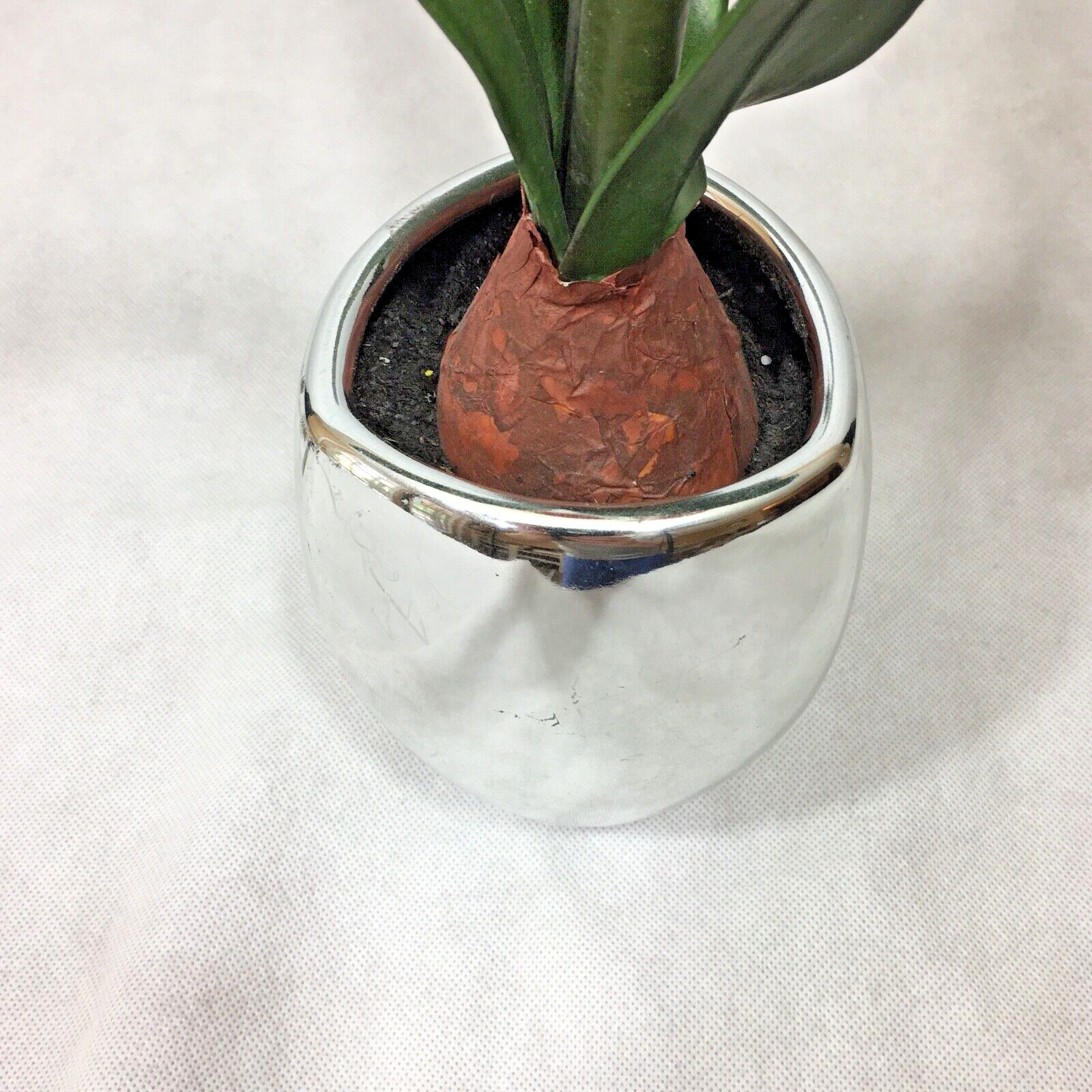 Metallic Chrome Ceramic 7″ Planter Vase w/ Faux Flower Display Floral