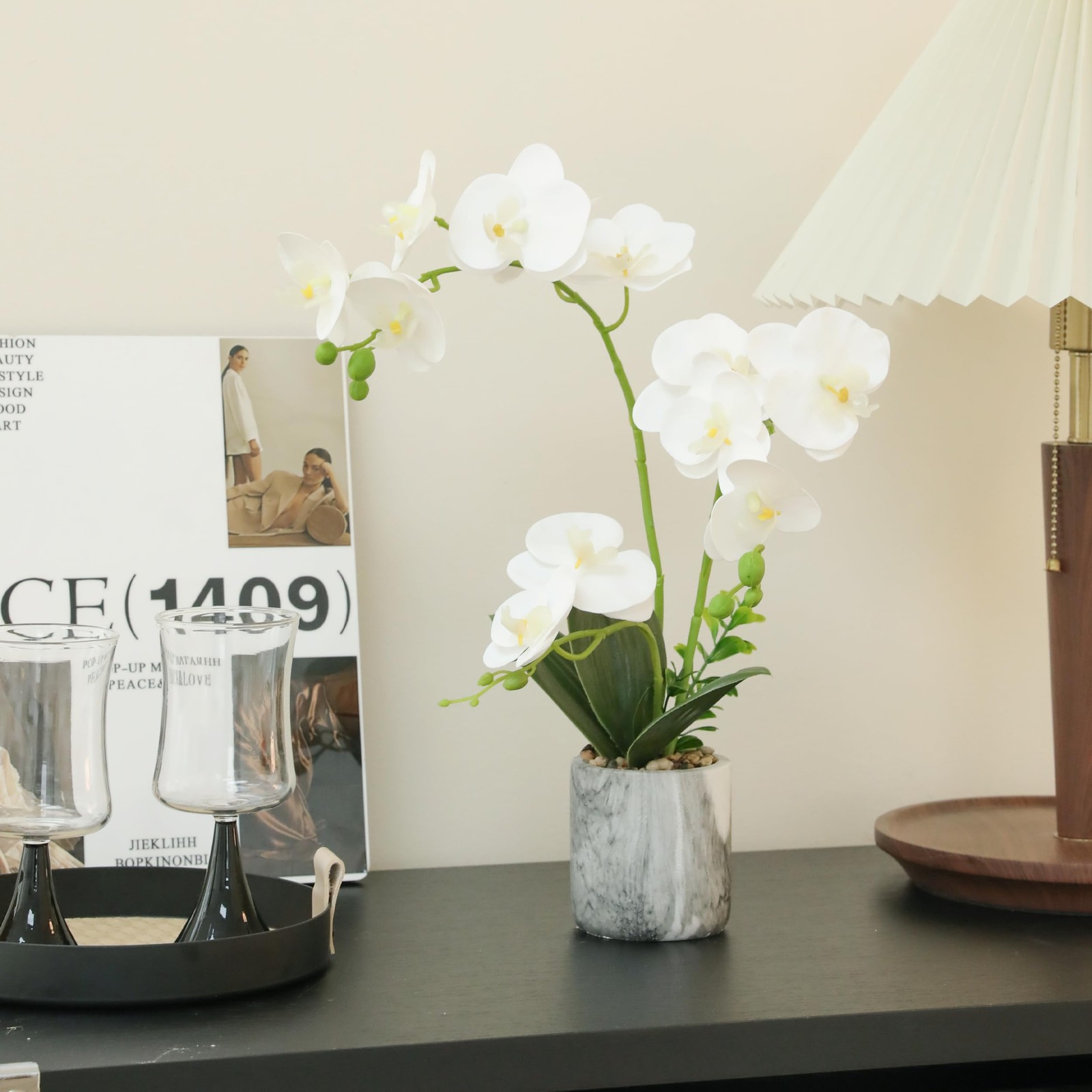 Artificial White Fake Orchids Flowers in Pot Bendable Faux Orchid Centerpiece