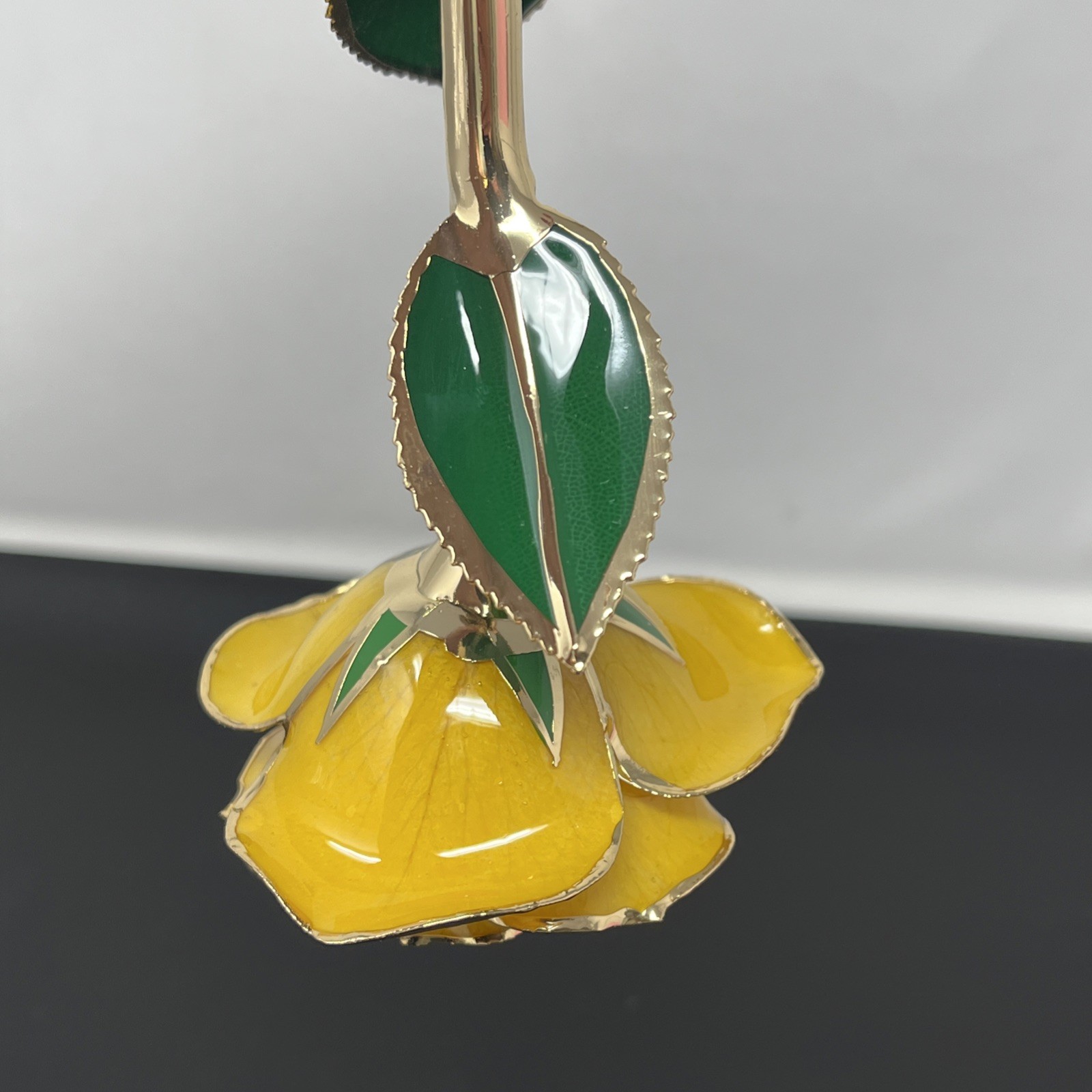 Handcrafted Preserved Yellow Rose Gloss Laquered With 24K Gold Plated Trimmed