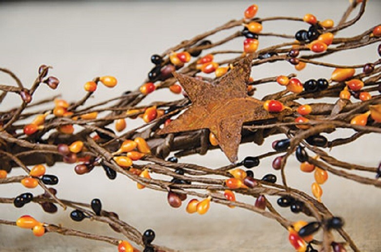 NEW Pip Berry Garland w/ Rusty 2″ Stars Primitive Mix 40″ Black Rust Orange