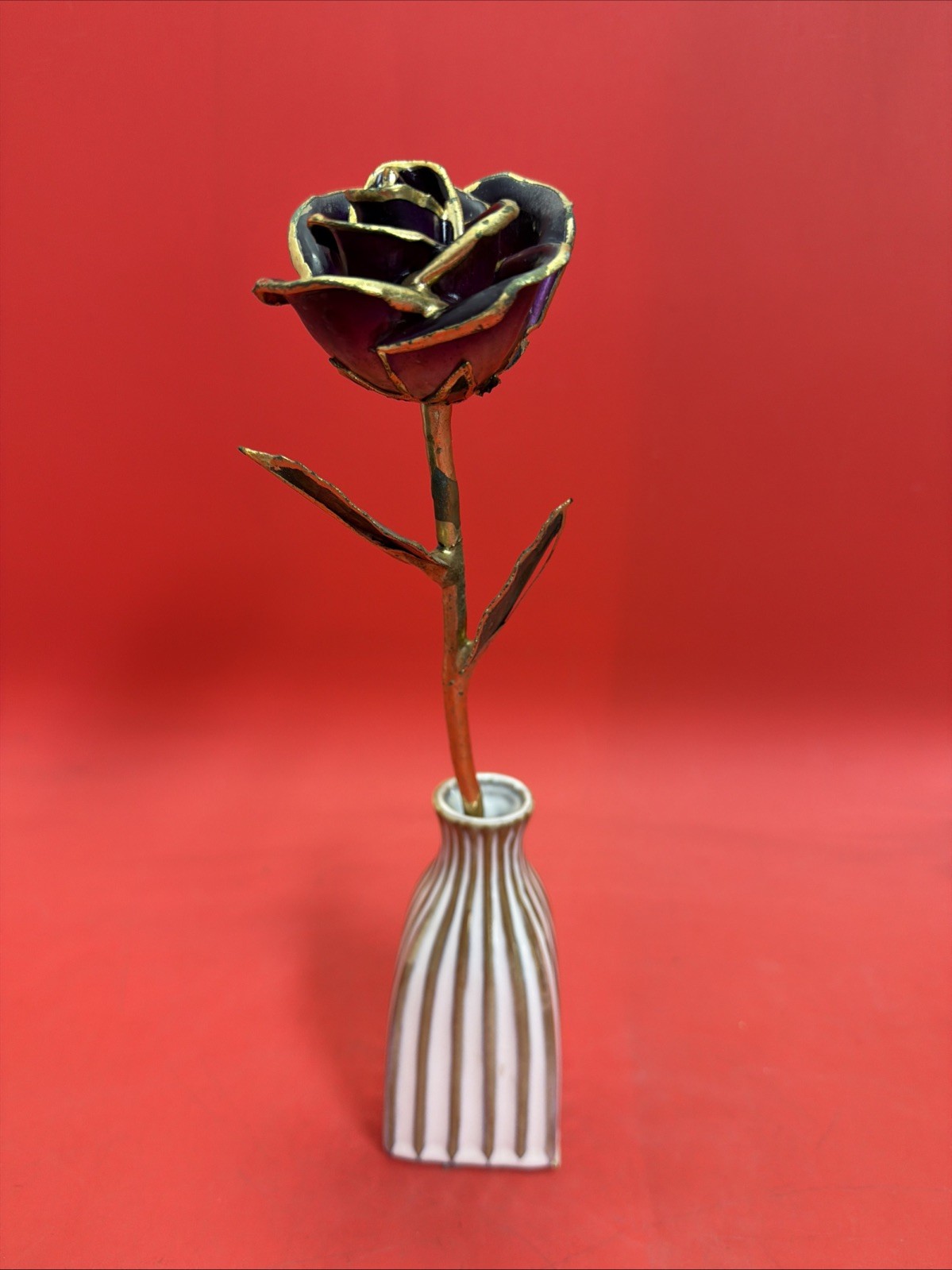 Vintage Gold-Tone Metal Purple Rose 🥀 w Ceramic Vase 4.75” Decor