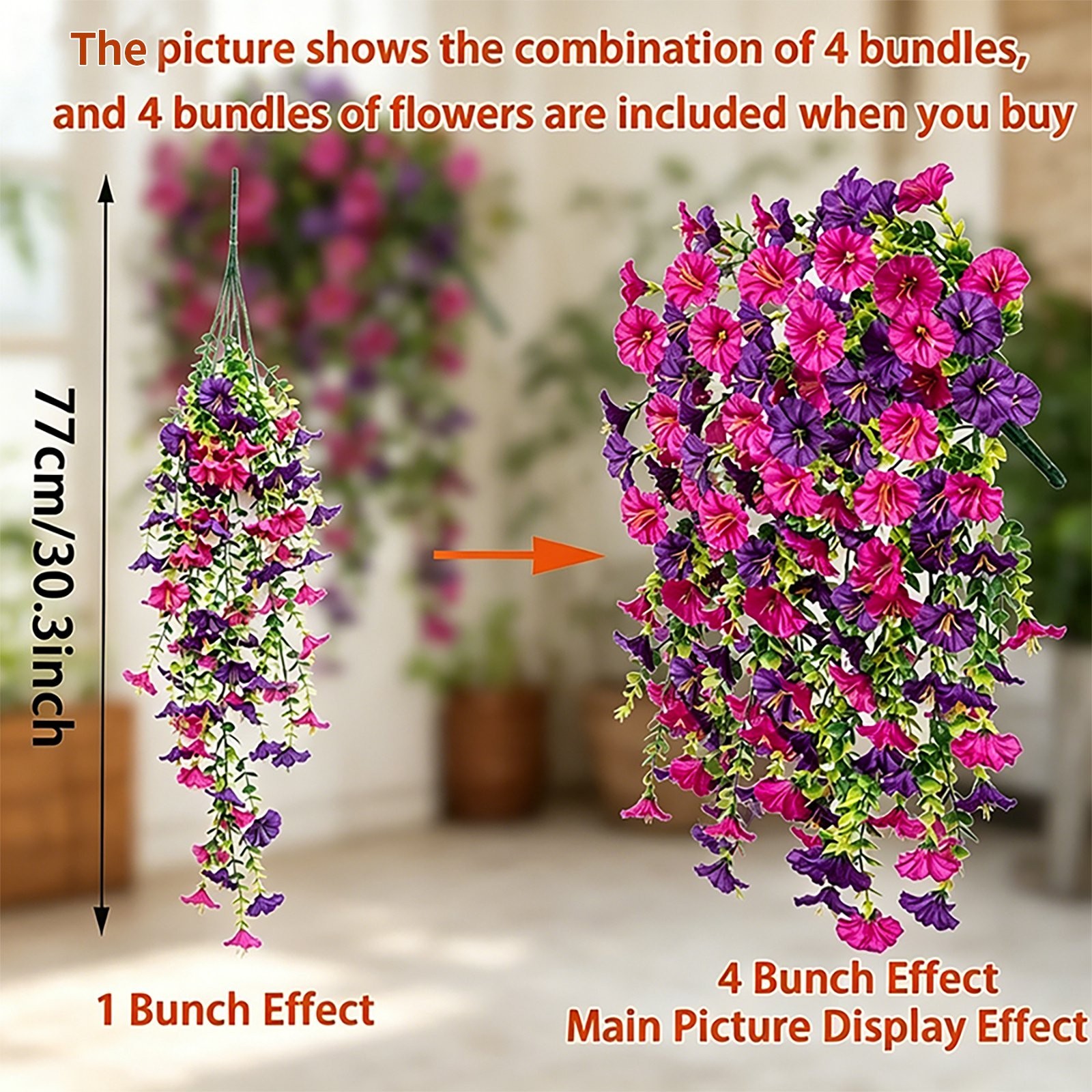 4PCS Artificial Morning Glory Vines UV Resistant Hanging Flowers Outdoor Decor