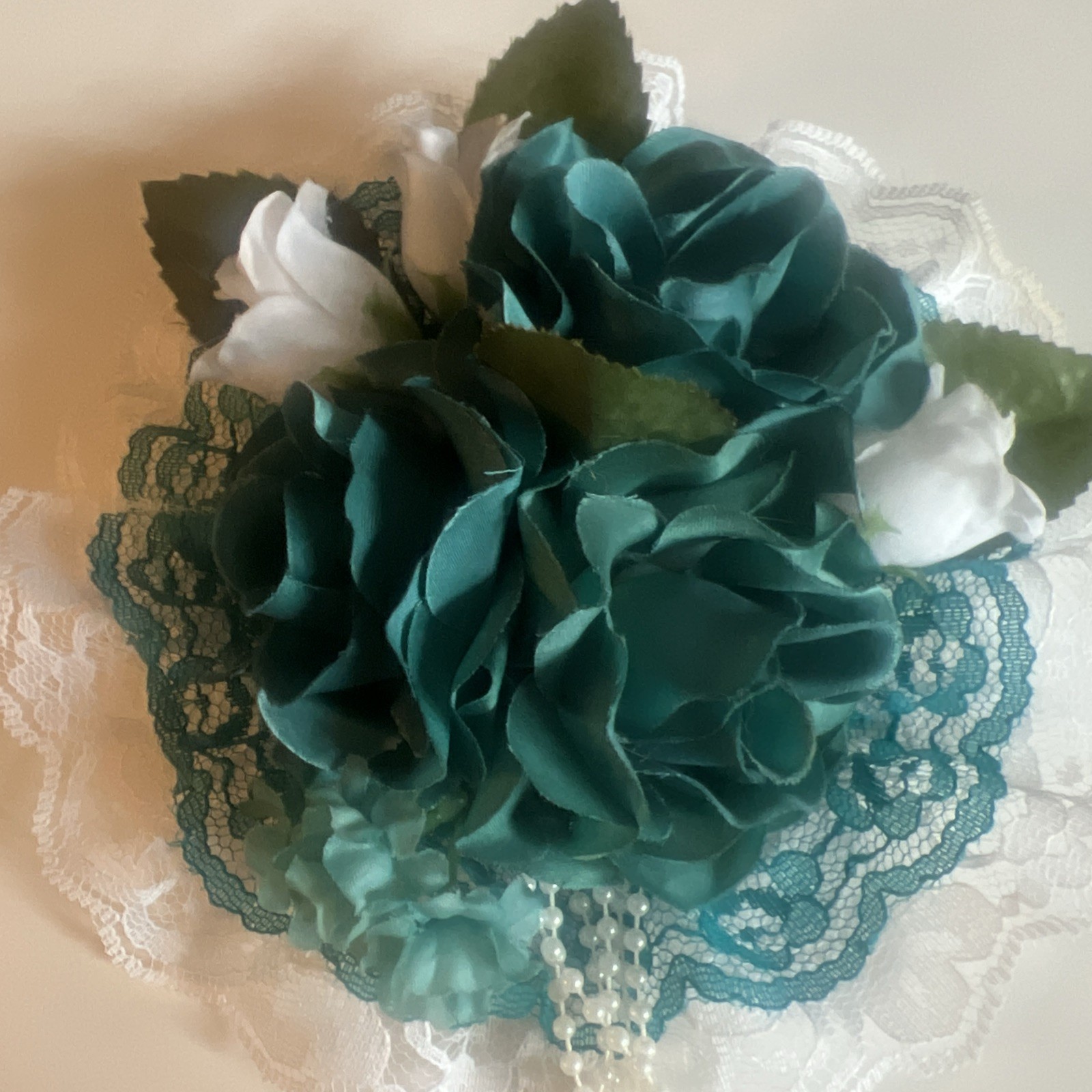 Faux 3” Open Roses Bouquet Silk Flowers Teal Corsage Artificial 7” Wide C 11” L