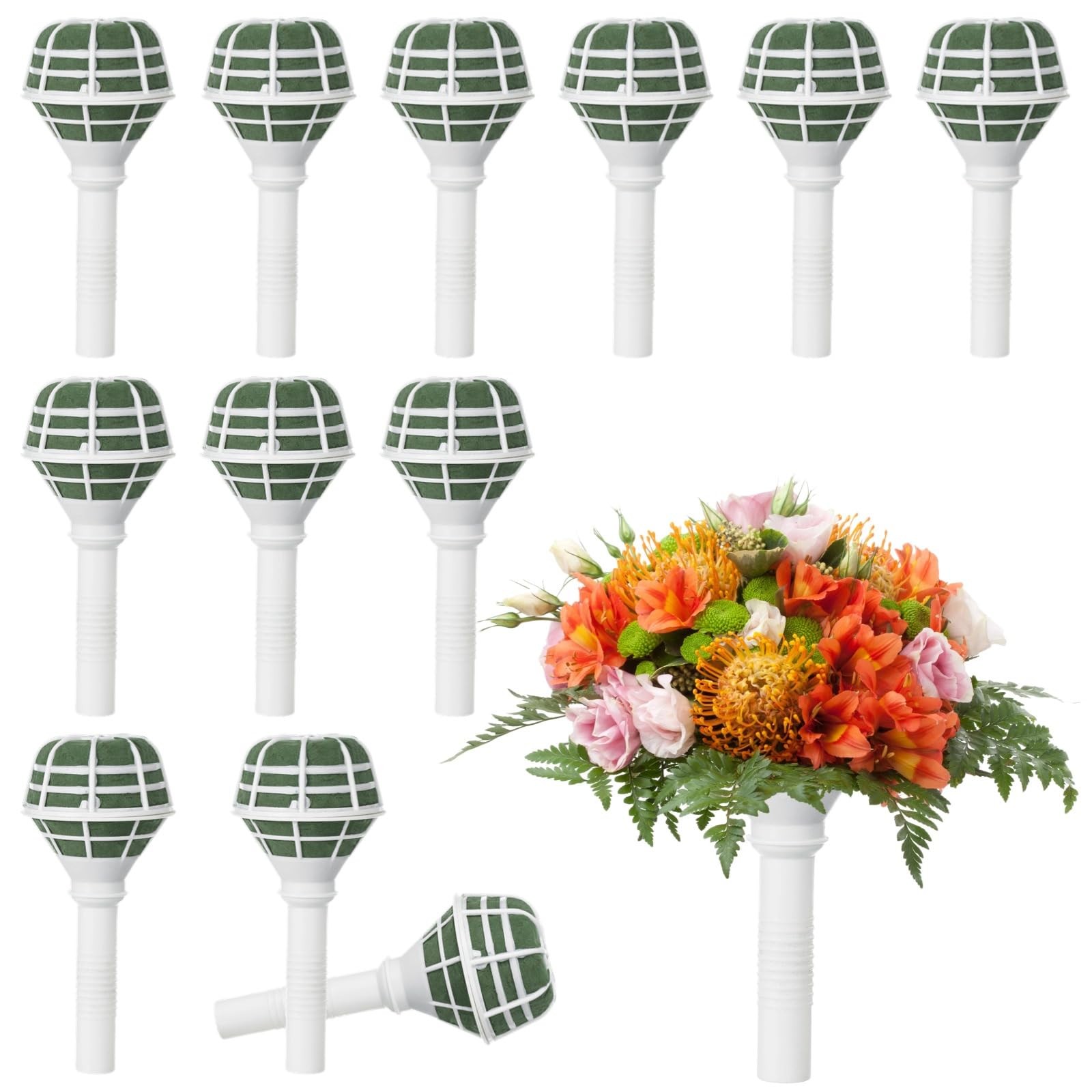 12 PCS Flower Bouquet Holder Wedding Bridal Handle Round Foam Top Artificial