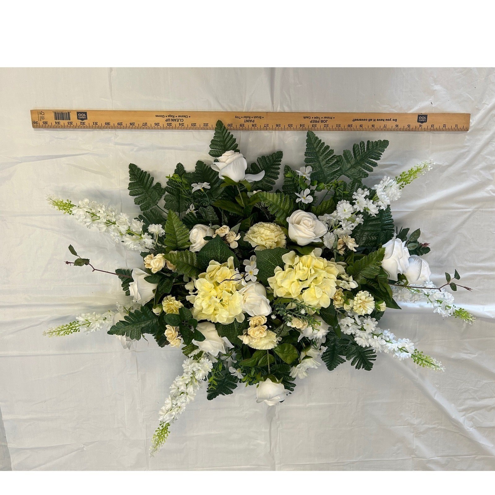 White Rose Yellow Hydrangea Silk Floral Saddle Cemetery Spray Wedding Centerpiec