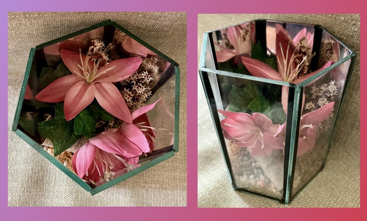 Vtg Geometric Terrarium Faux Pink Lily Glass Polygon On The Rocks Mirror Back
