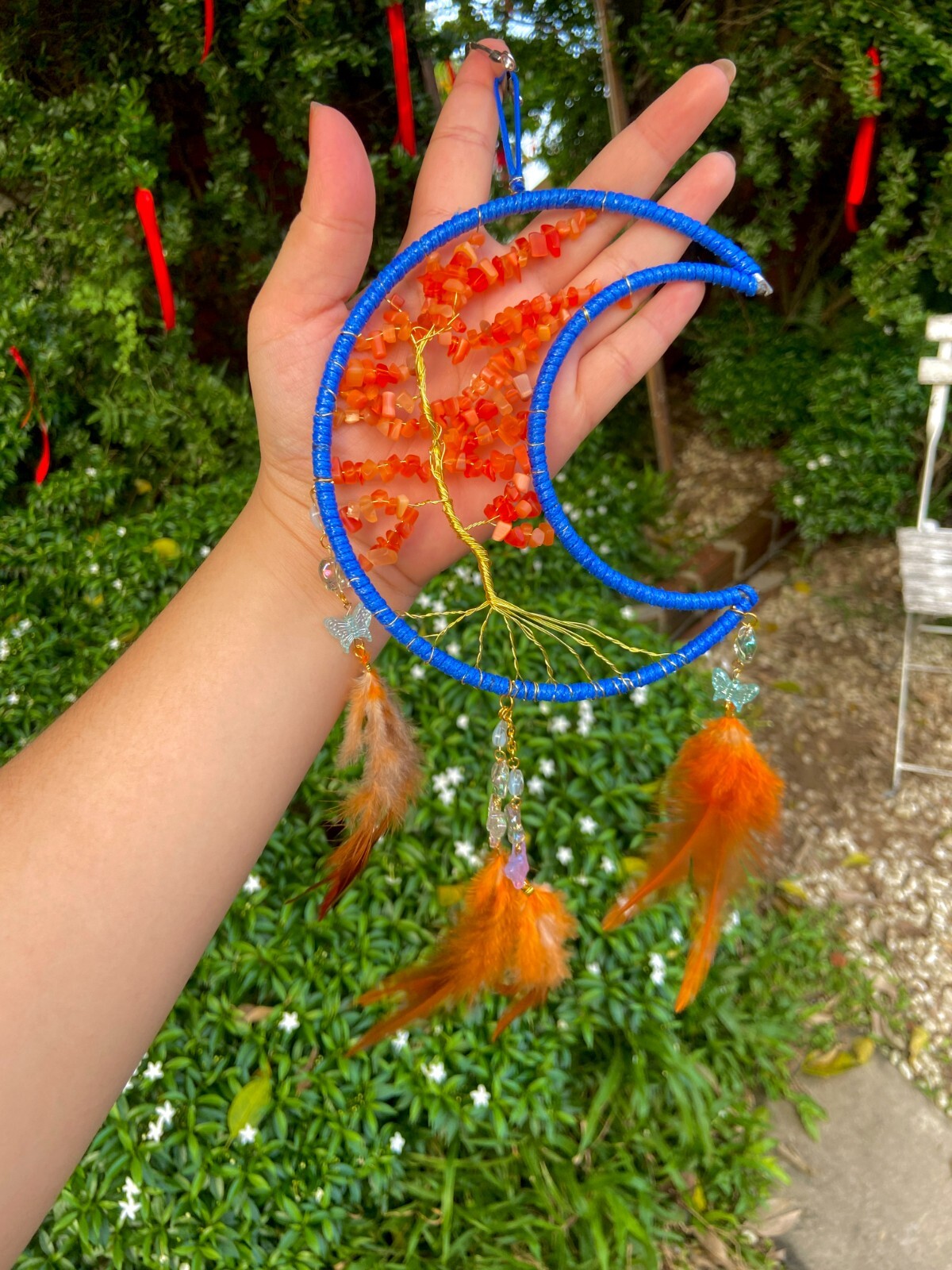 Mystical Blue Moon Dream Catcher with Tree Motifs and Delicate Stone Details