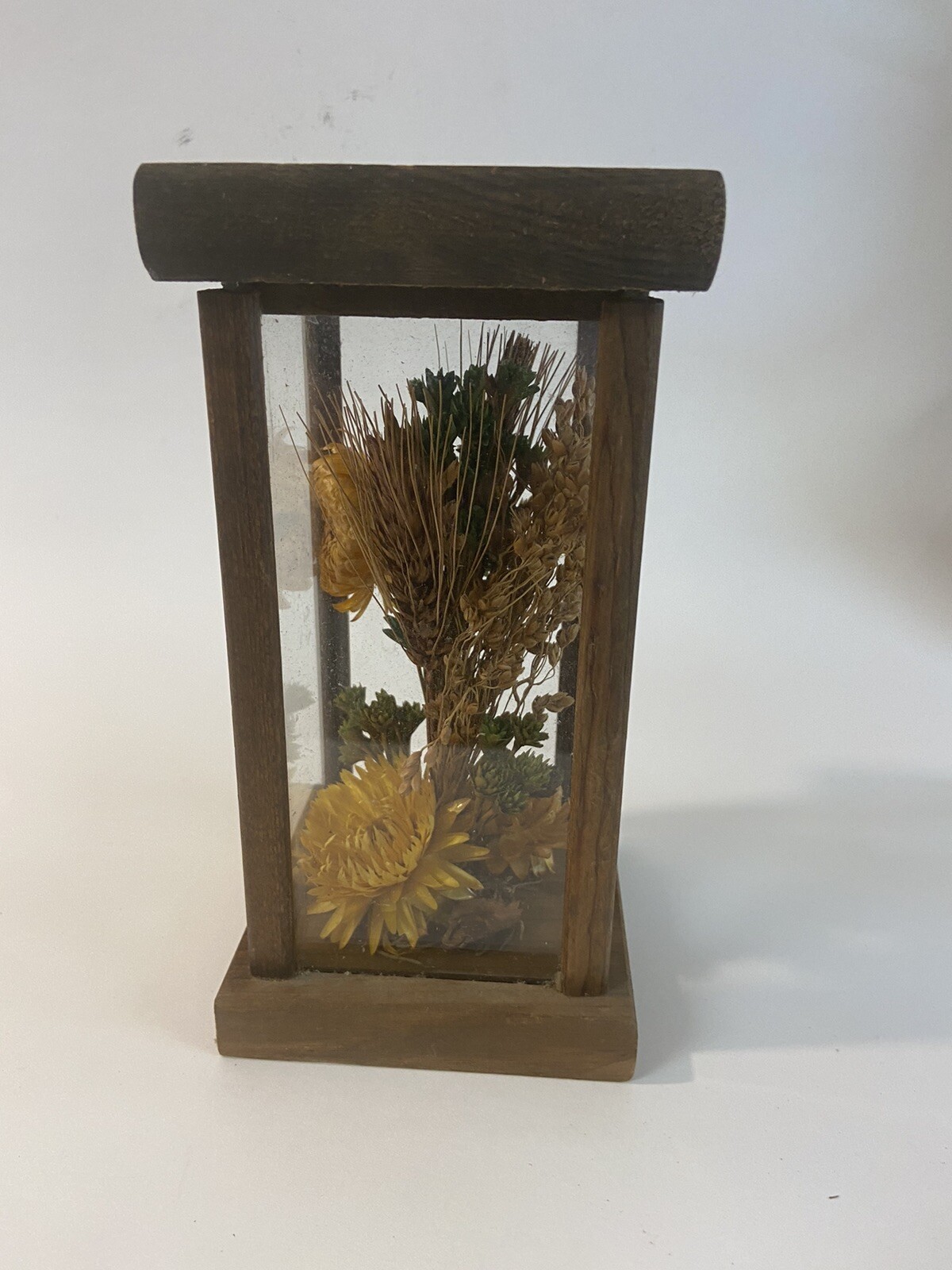 Vintage Dried Flower Glass Box on Wood Base And Top Cottagecore Rustic Country