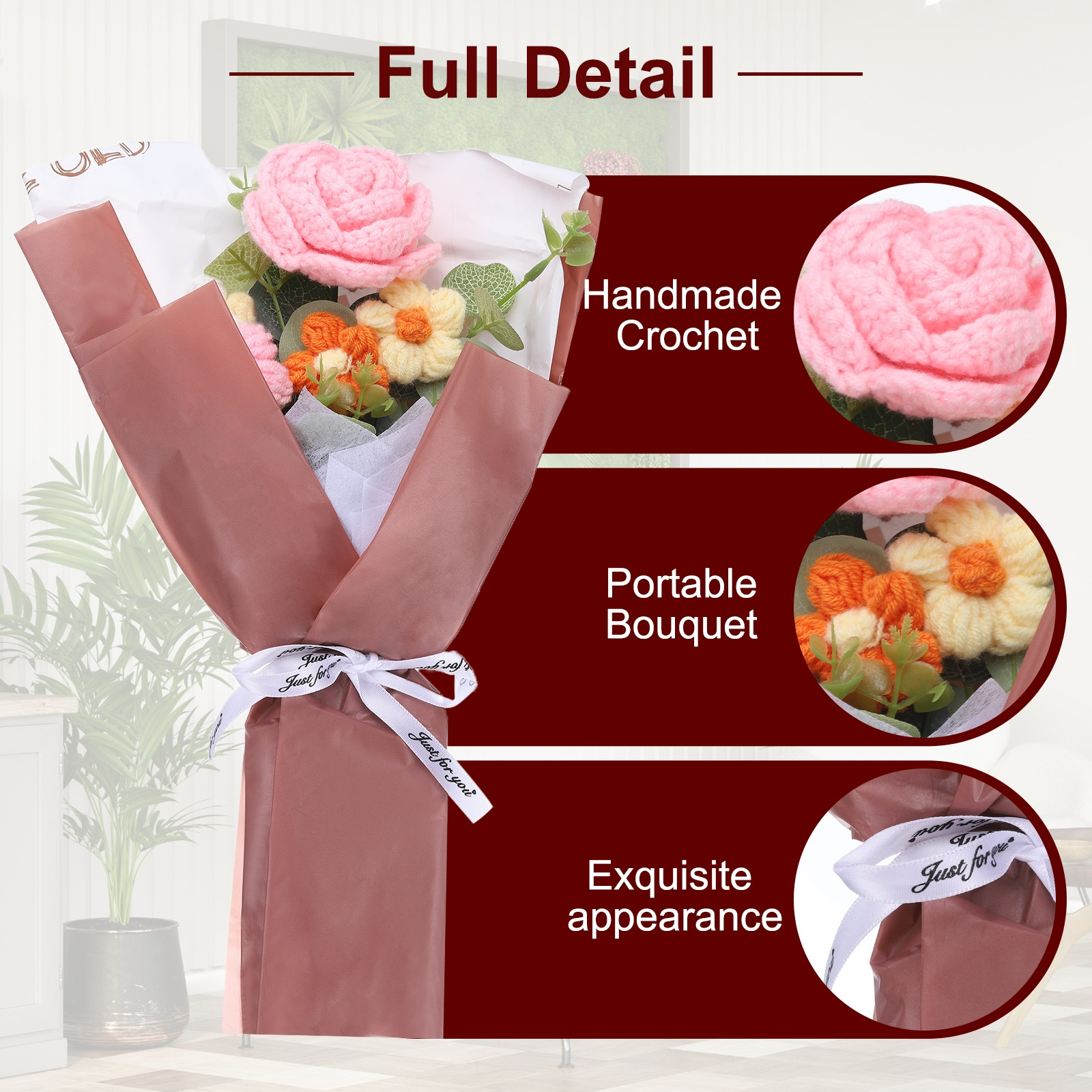 Crochet Flowers Bouquet Handmade Knitted Bouquet Rose Pink