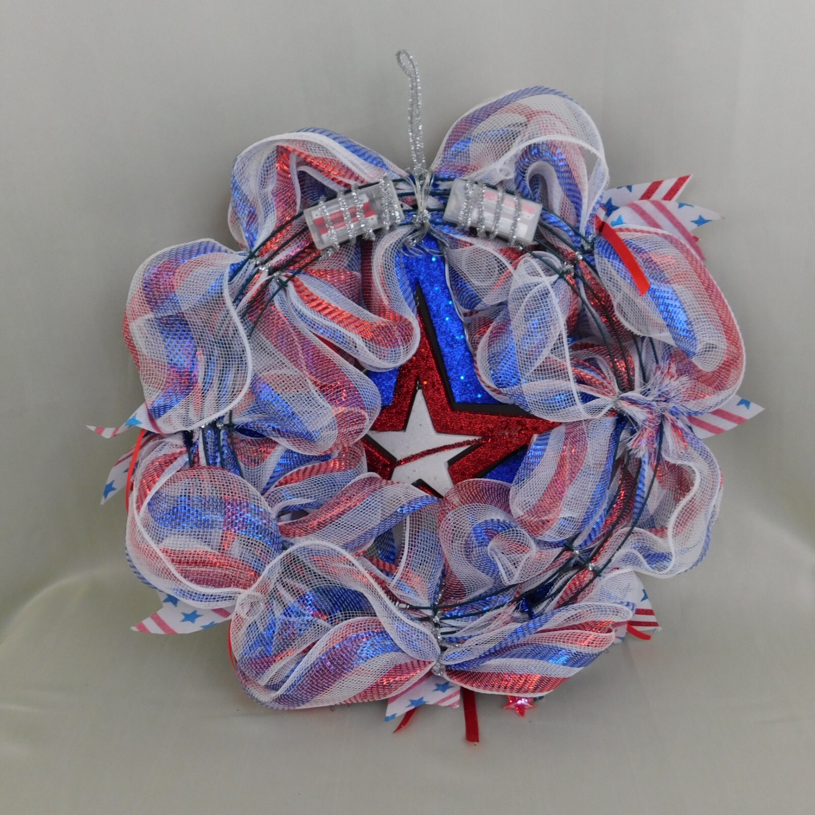 Handmade Mesh Wreath Patriotic Stars & Stripes LED Light String Foam Star #C314