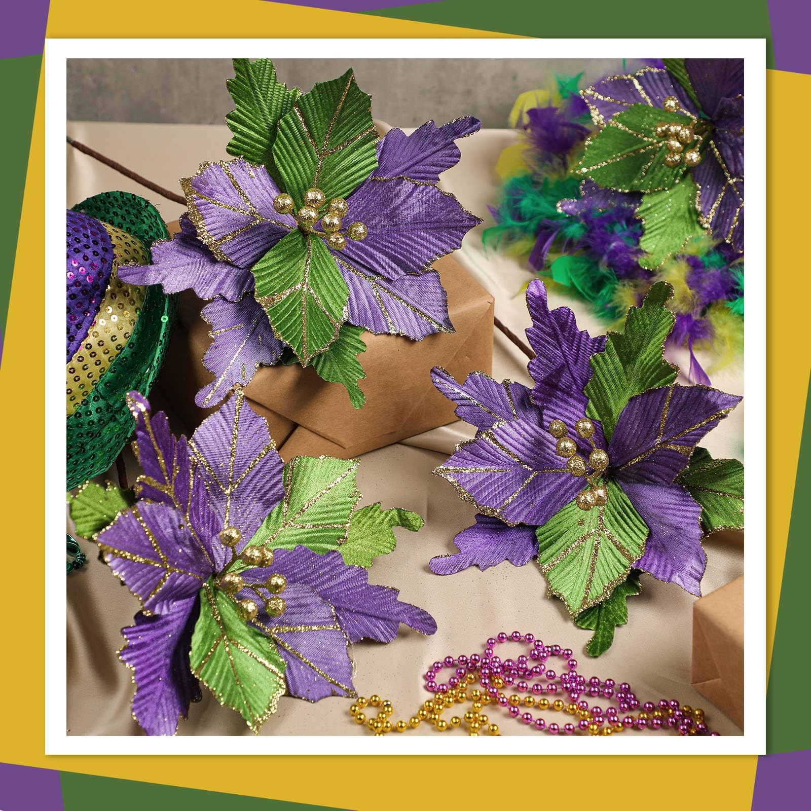 6 Pcs 10” Mardi Gras Poinsettia Flower Large Flowers Glitter Artificial Tree…