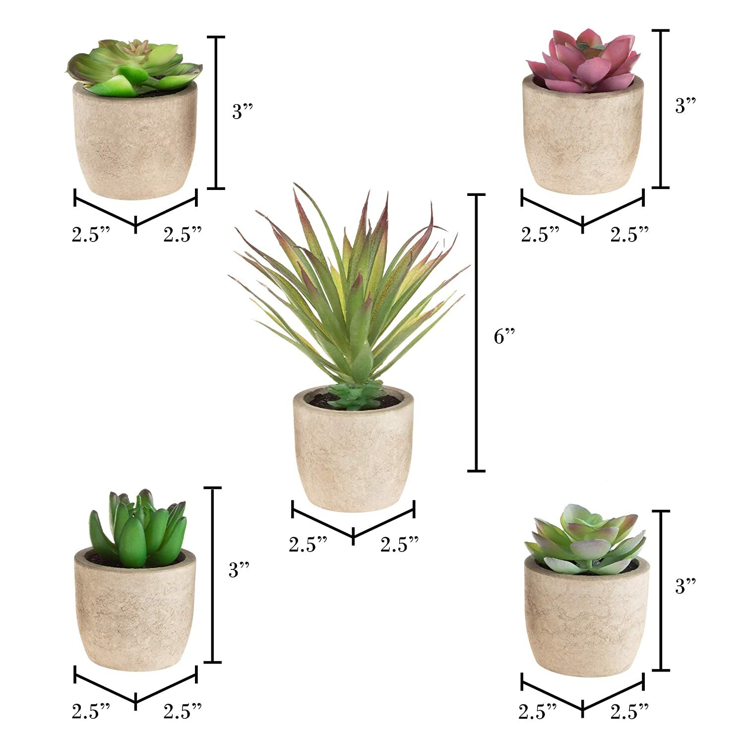 Pure Garden Faux Succulents Set of 5 Assorted Lifelike Plastic Greenery in Stone