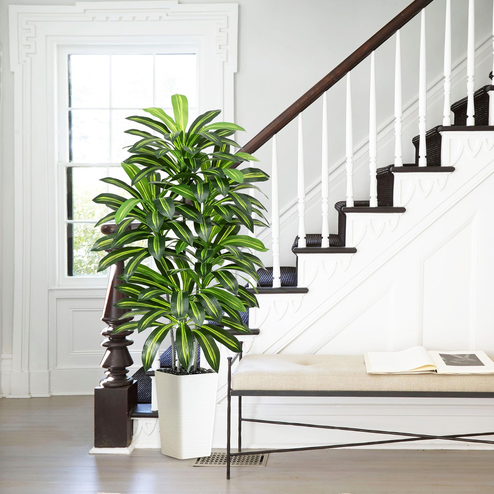 Artificial Dracaena Tree – 5FT Tall Fake Plants with White Tall Planter – Art…