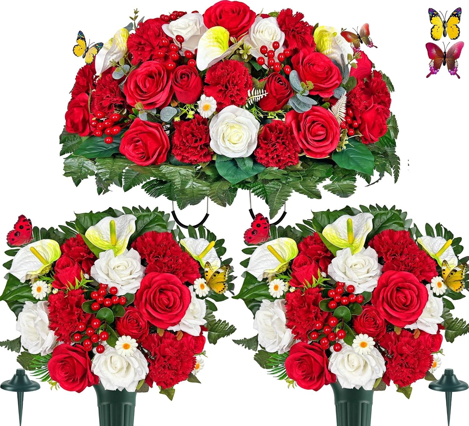 Artificial Cemetery Flower with Vases for Grave Decoration, 3PC,Red Rose Carn…