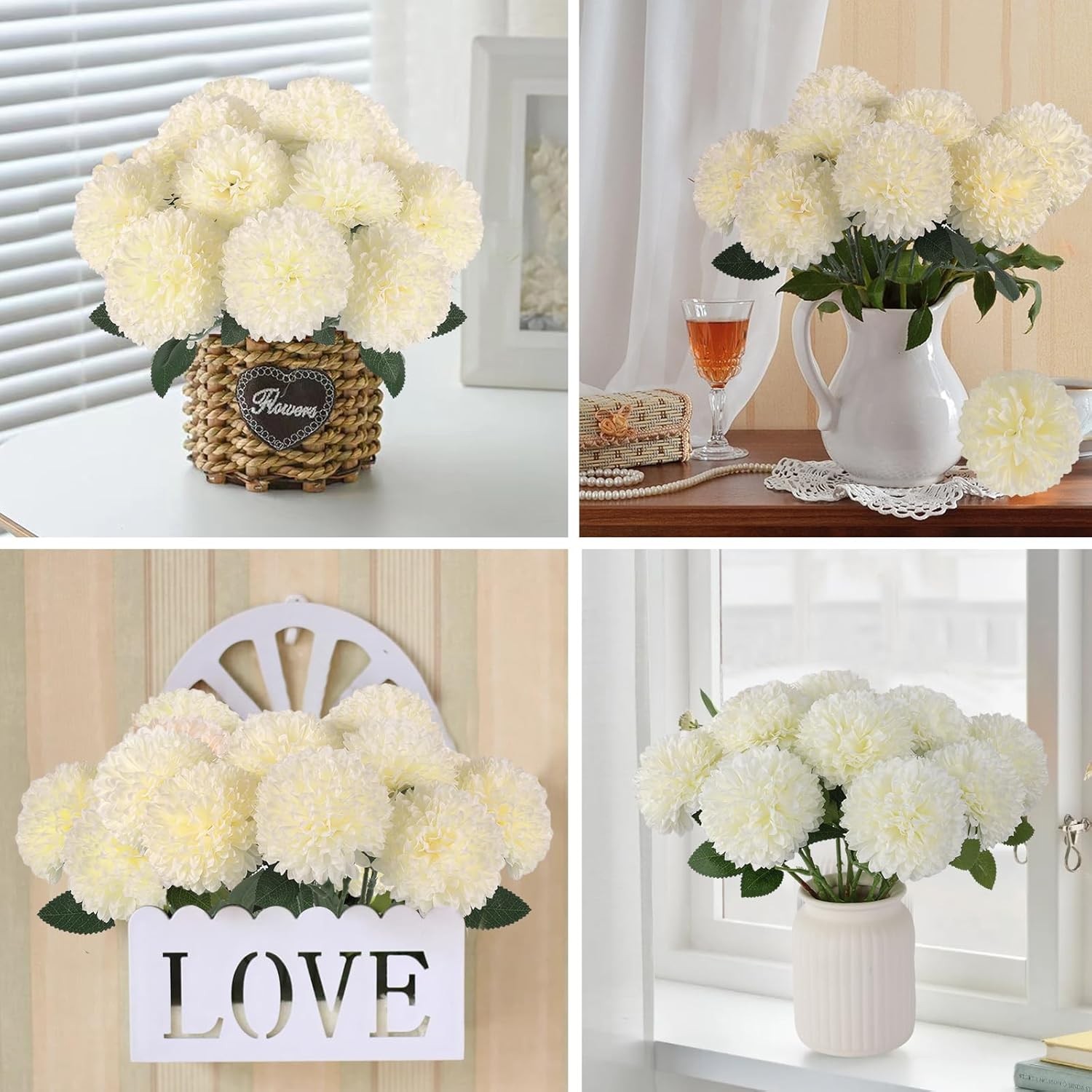 Artificial Chrysanthemums Silk Flowers 12 Pcs White Floral Arrangement