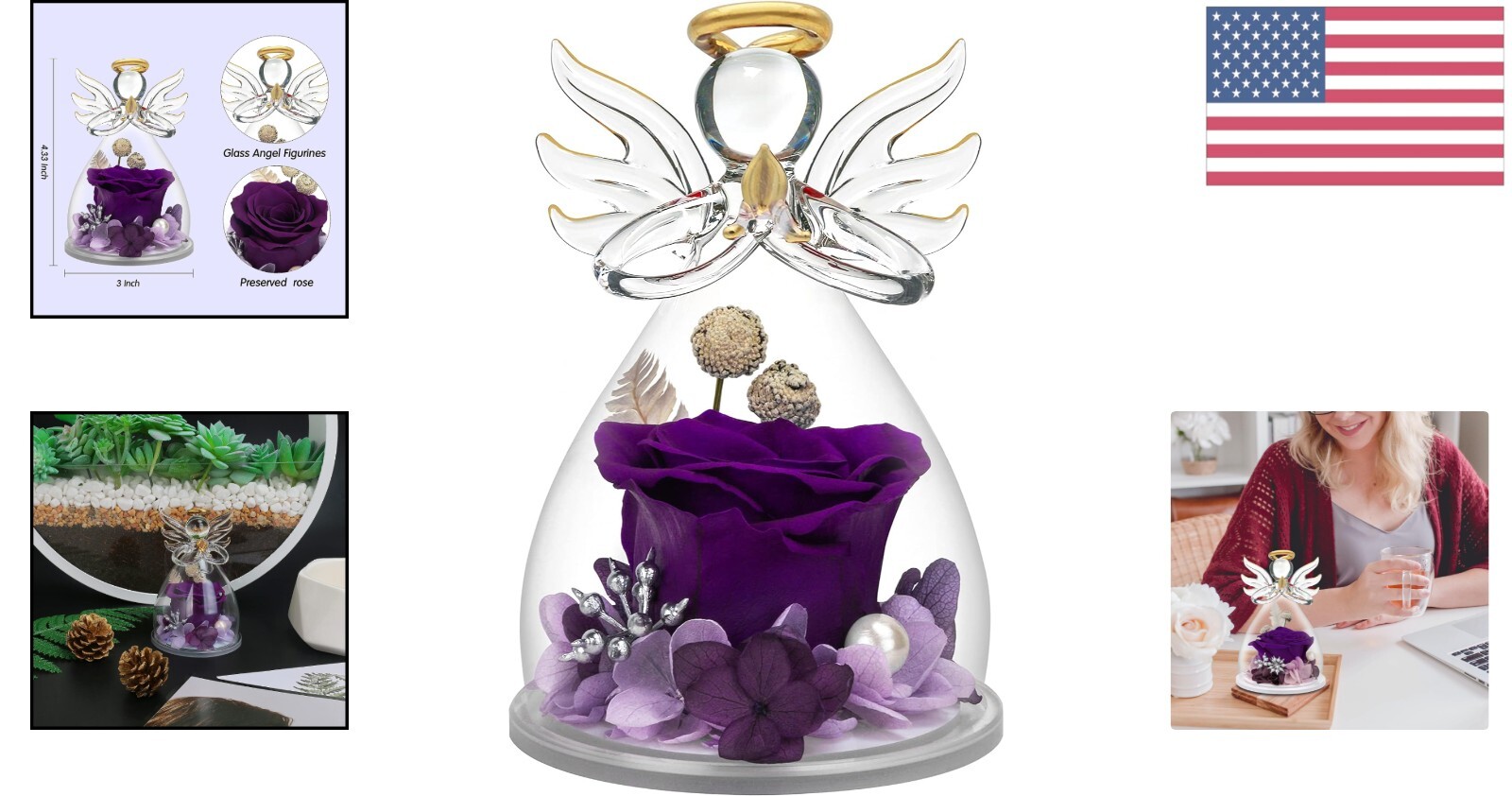 Delicate Purple Rose Angel Figurine with Real Hydrangea Petals – Elegant Gift