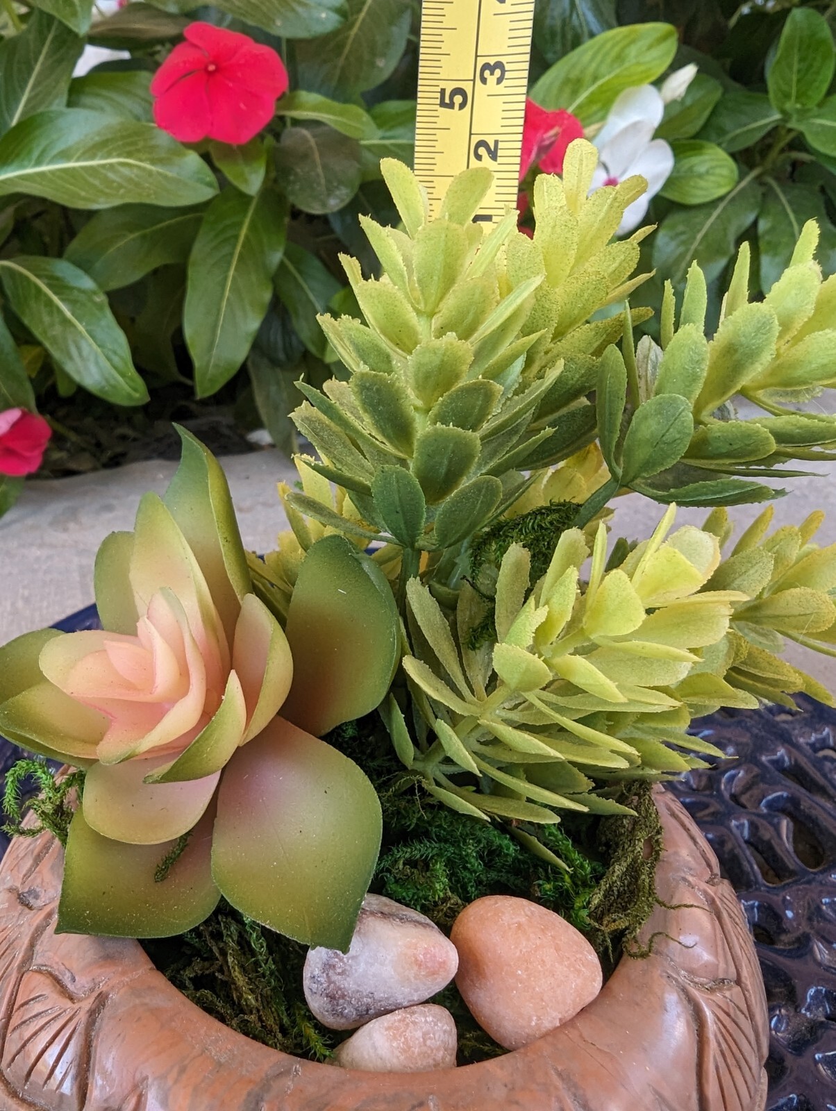 Carved Stone Lotus Bowl Repurposed W/Faux Succulents 5 In. Tall 4 In Wide