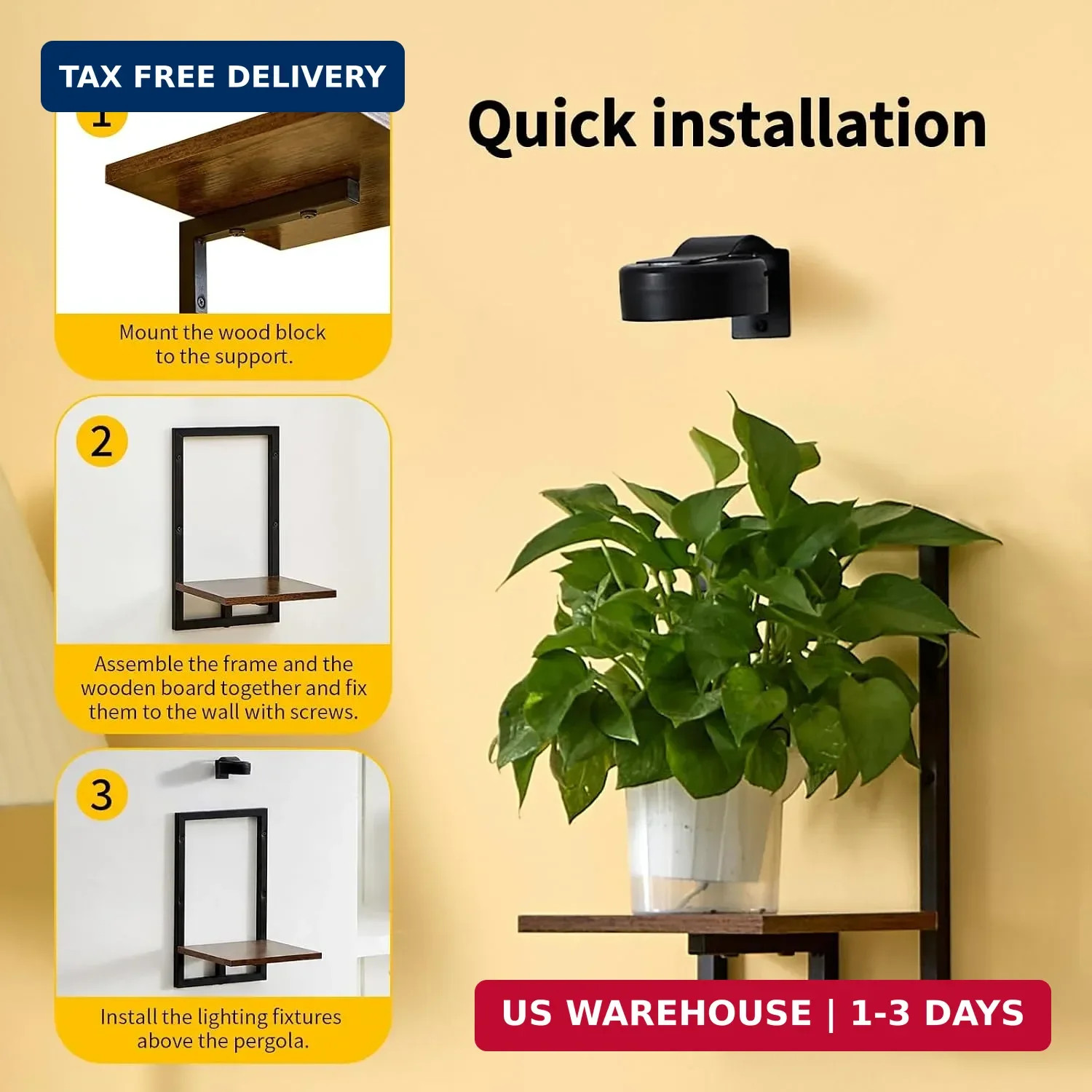Wall Planters with Grow Lights, Set of 3 Floating Shelves for Indoor Plants, Bed