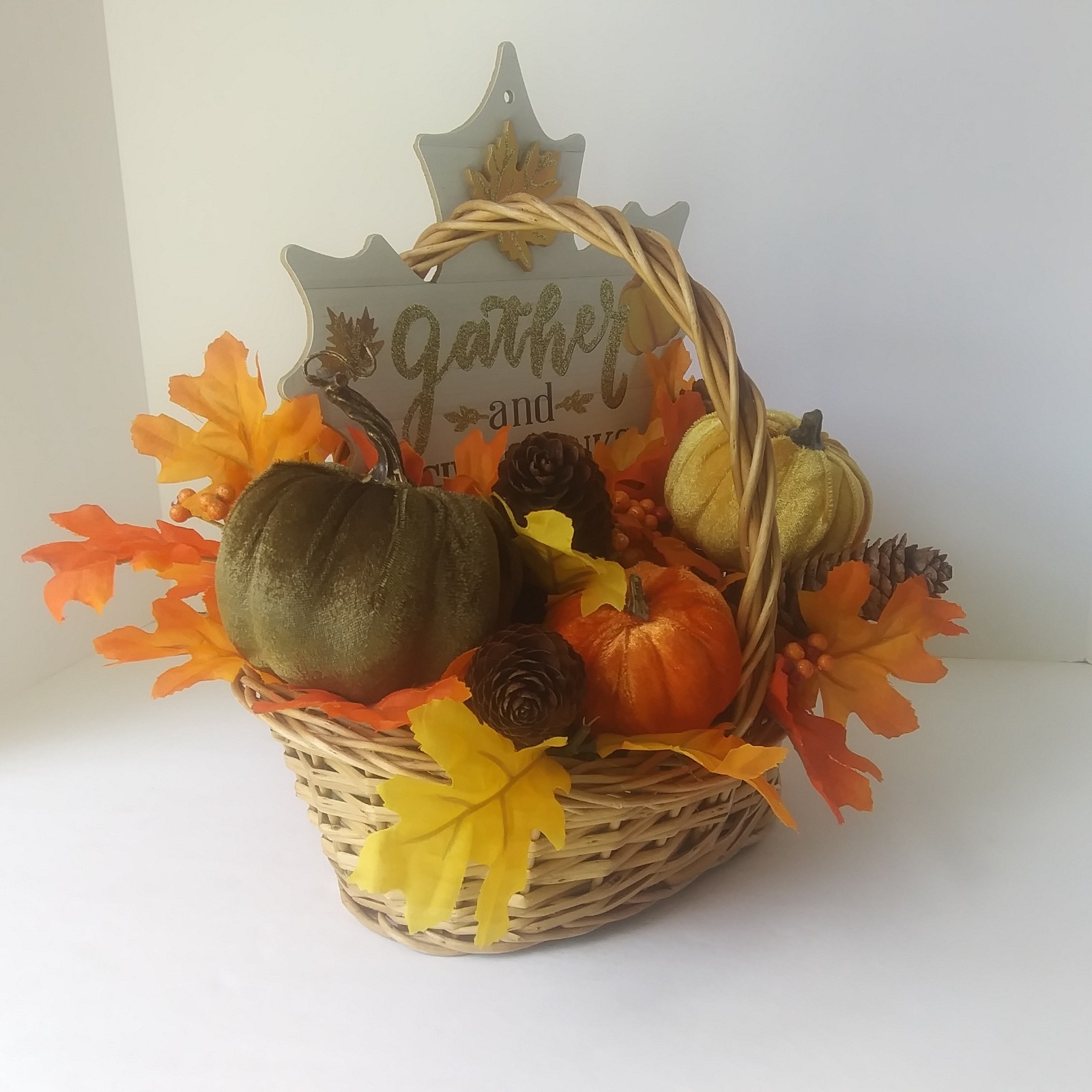 Fall Harvest Basket Centerpiece Gather & Give Thanks Pumpkins Pinecones Decor