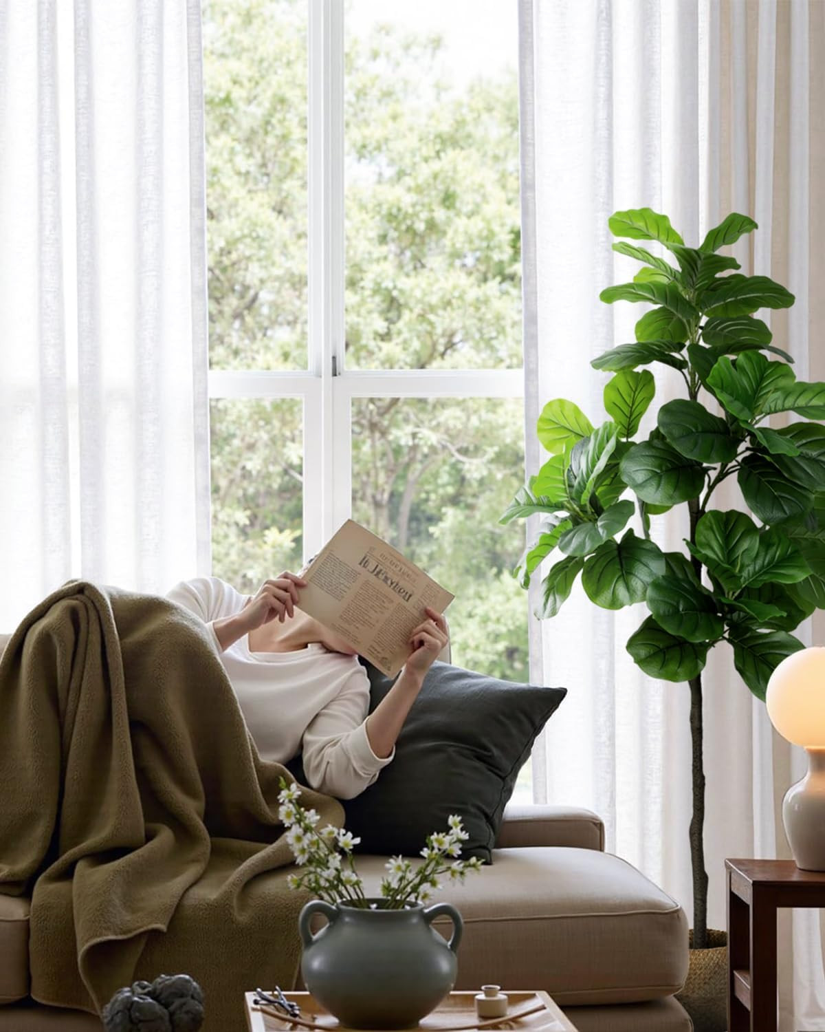 Artificial Fiddle Leaf Fig Tree 6FT – Large Fake Tree with White Planter&Basket,