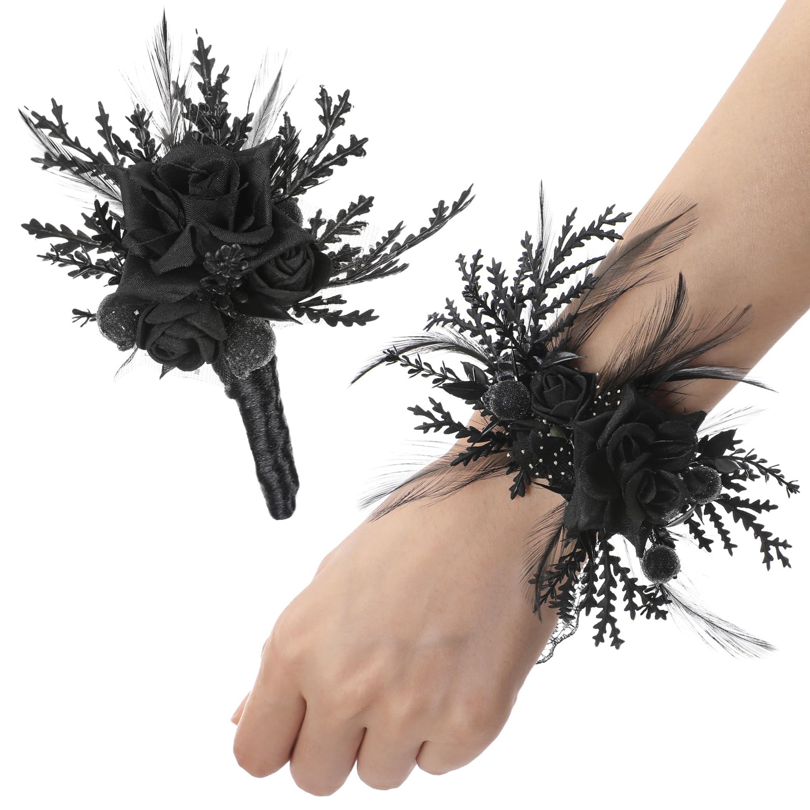 Black Gothic Wedding Corsage Boutonniere – Dark Rose Boutonniere Wrist Corsag…