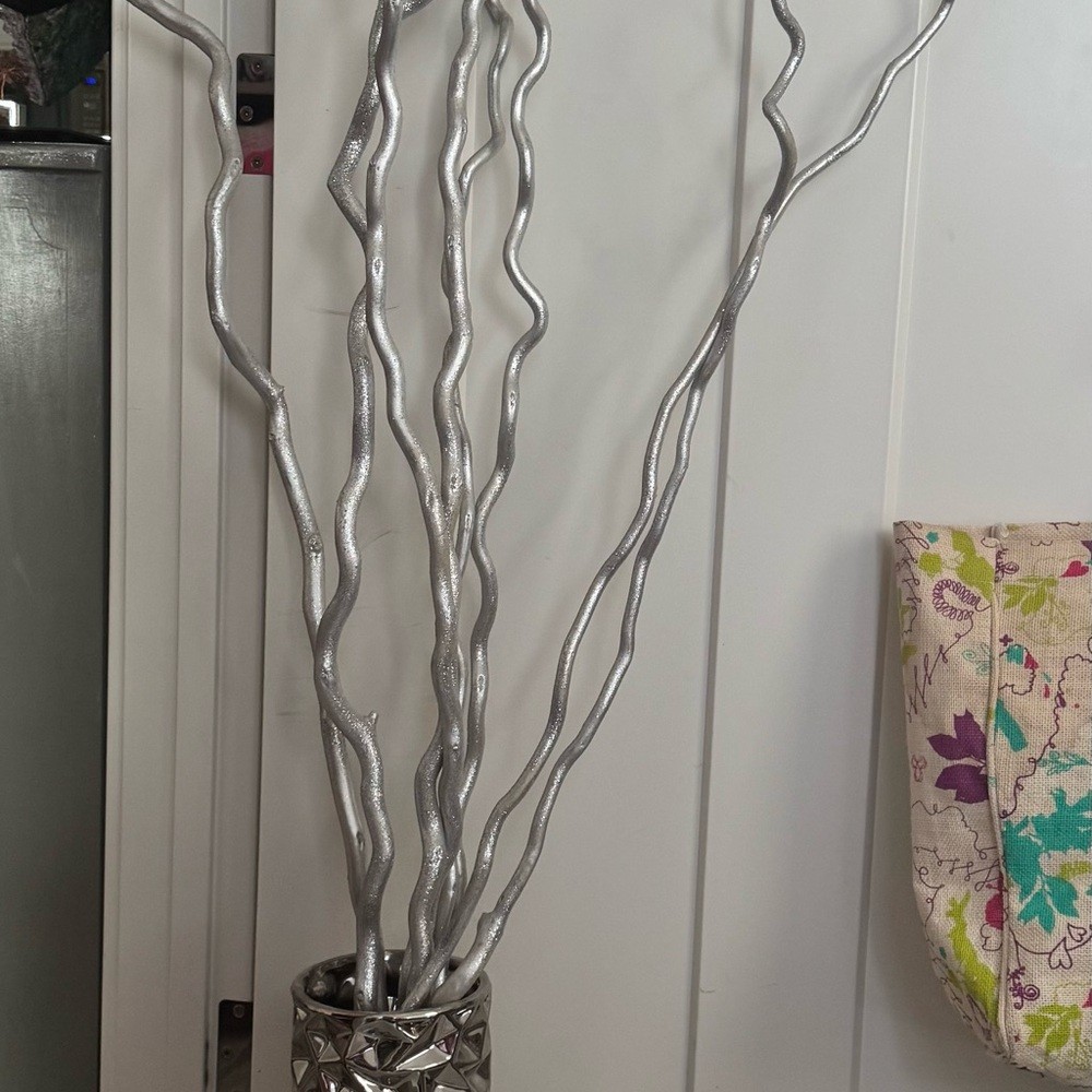 Vase pot & Decorative Branches sparkly grey silver vase geometric decor tall