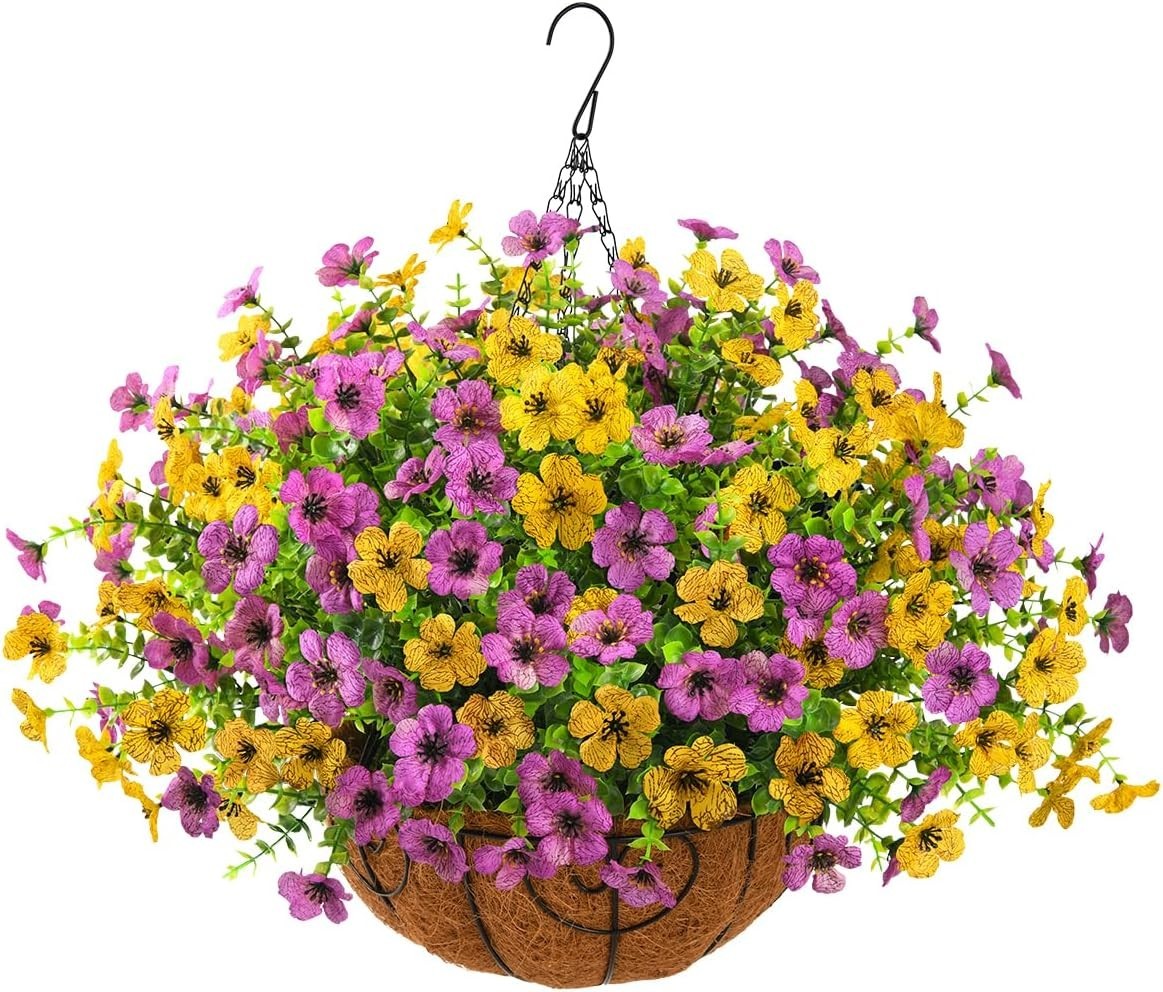 Vibrant UV Resistant Faux Hanging Daisies in Metal Basket – Outdoor Elegance