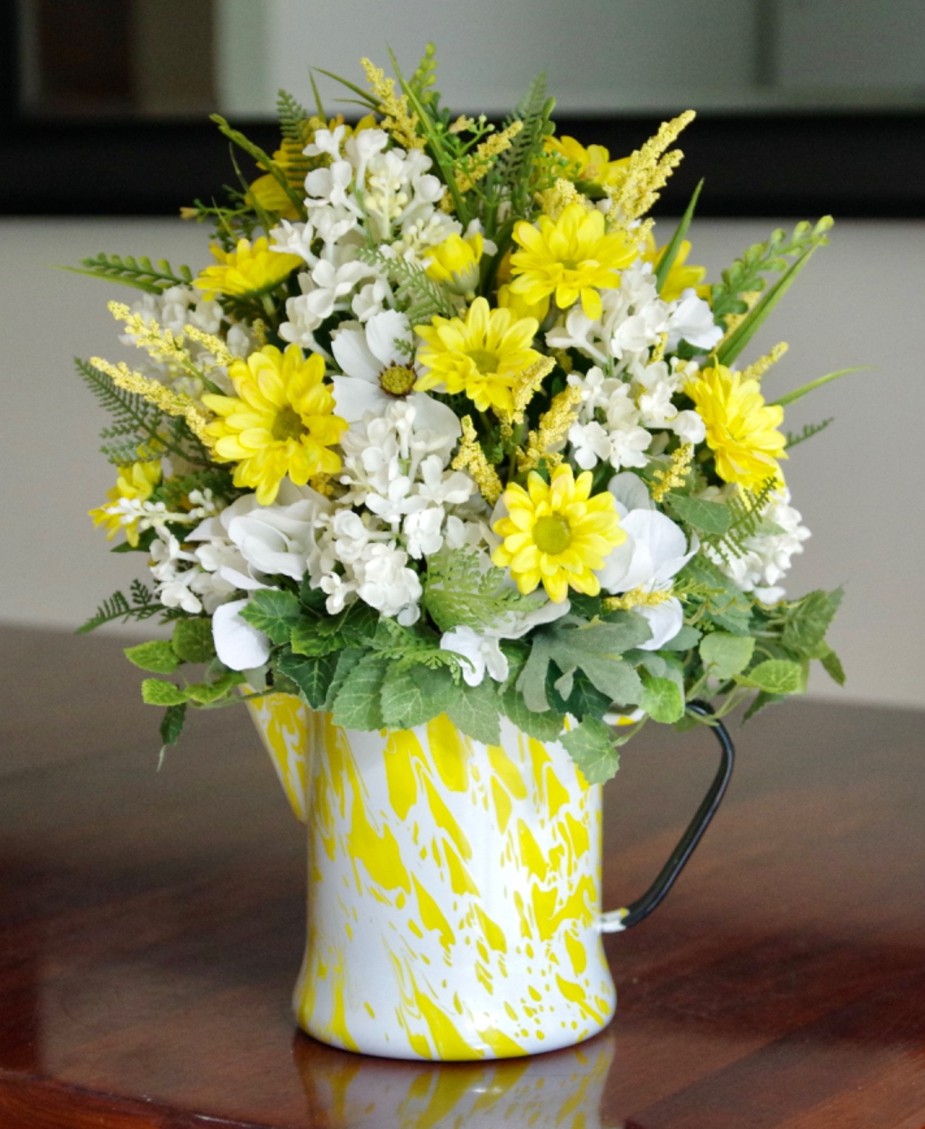 Vintage Enamel Yellow & White Coffee Pot Silk Yellow Daisies & Blue Delphinium