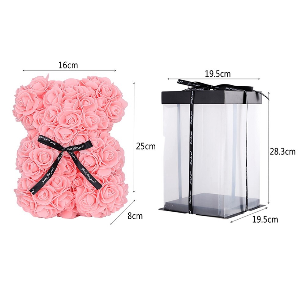 2023 Light Pink Rose Flower Teddy Bear with Gift Box -25cm Valentines & Birthday