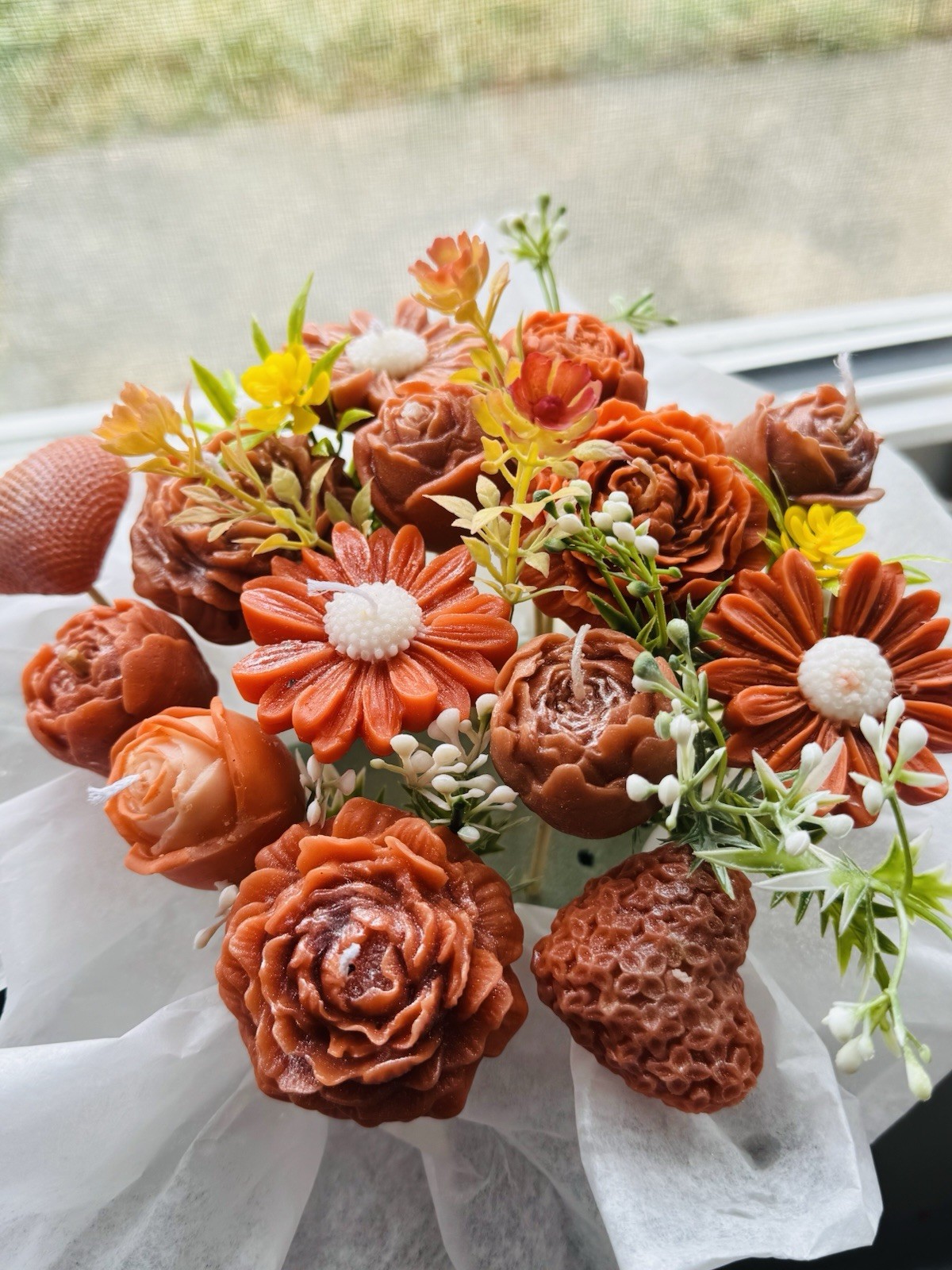 Artificial Wax Daisy Rose Flower Bouquet Centerpiece – Orange Green Yellow White