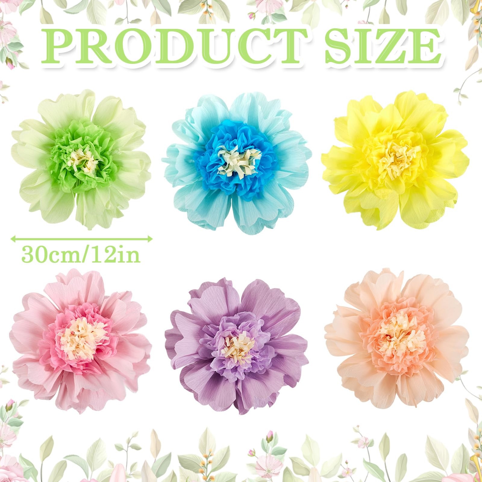 6 PCS Pastel Paper Flowers Giant Crepe Decoration Wall Spring Garden 12 Inch