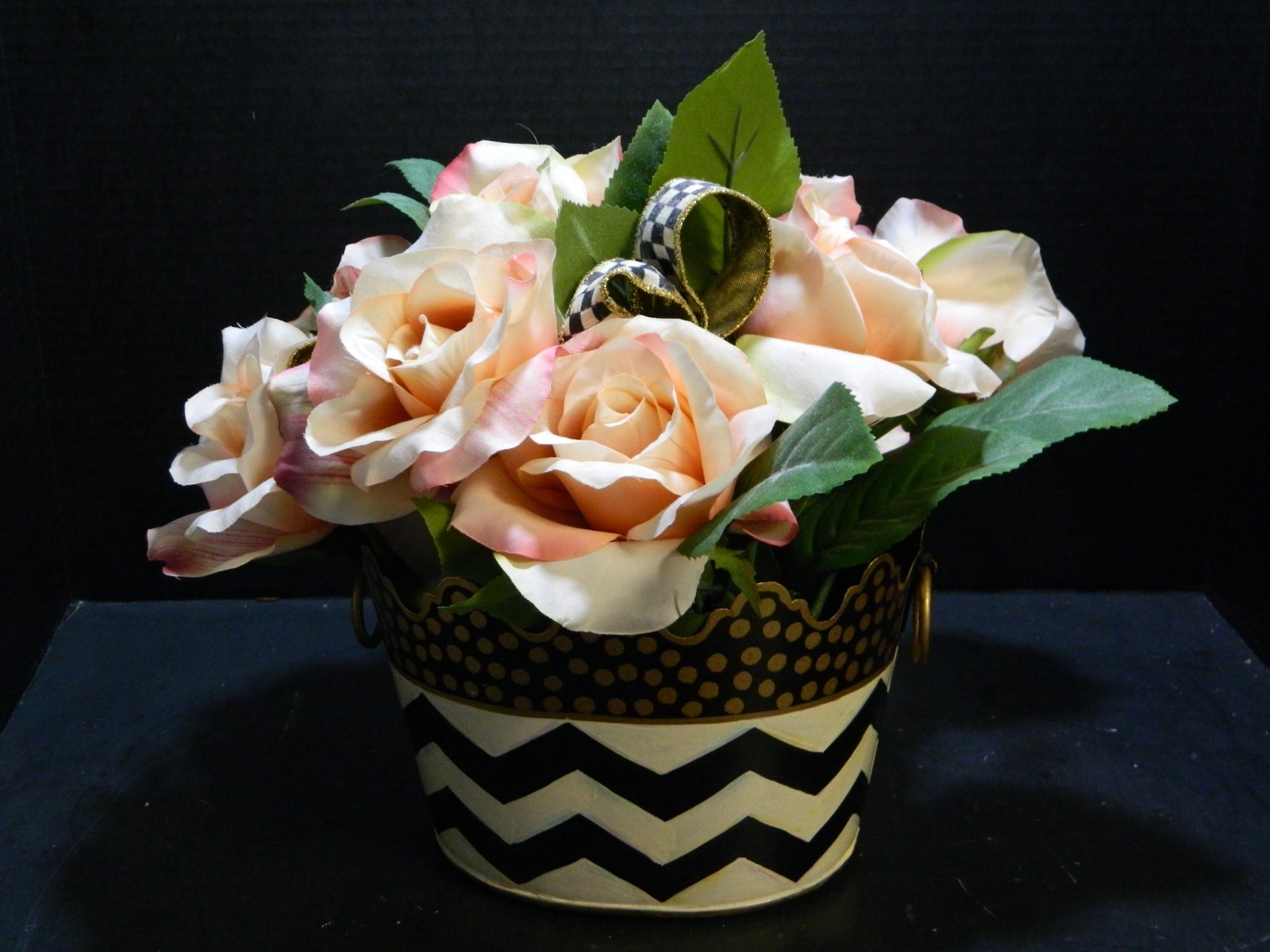 Mackenzie Childs Black & White Zig Zag Flower Pot w/ Flower Arrangement Excel