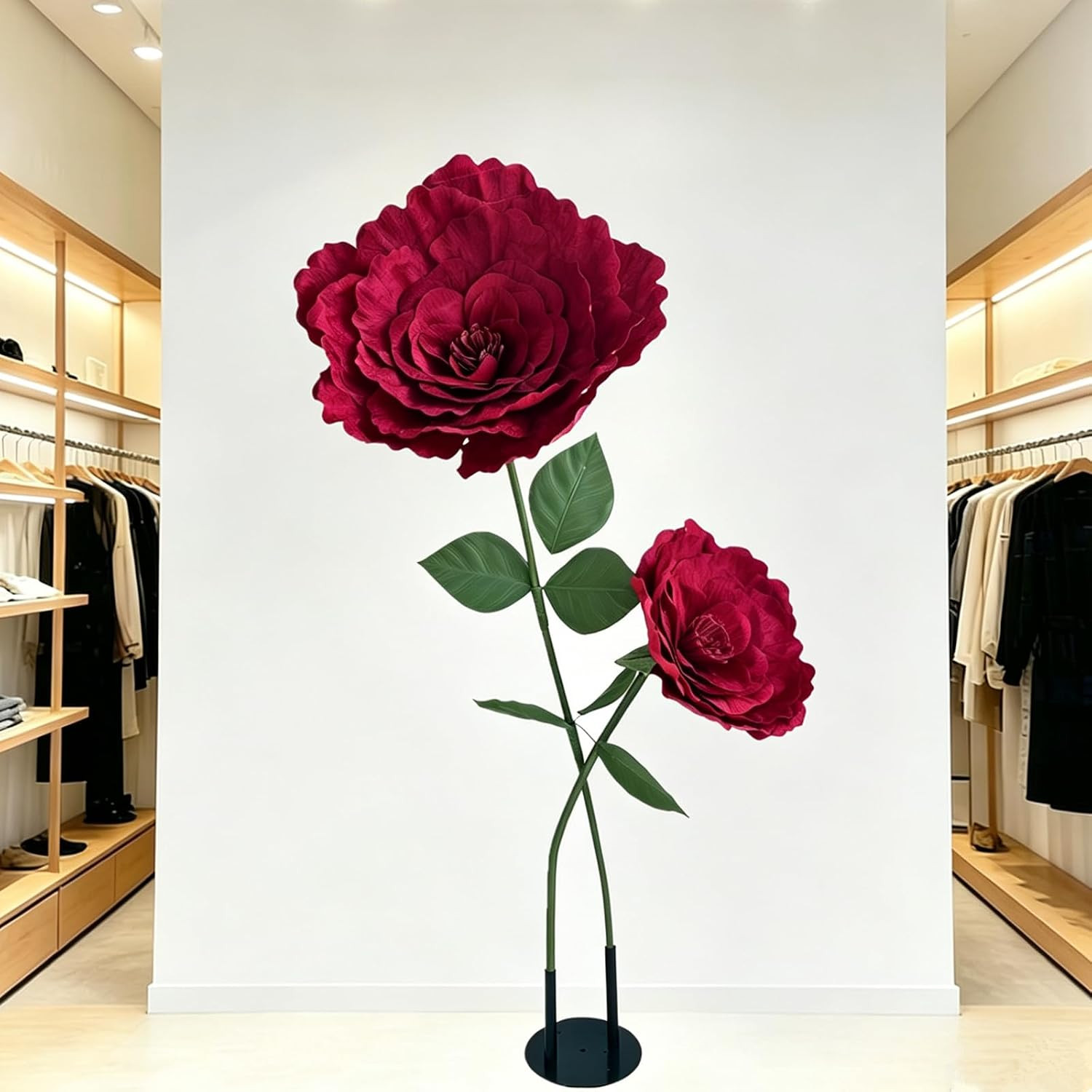 Large Burgundy Velvet Roses with Stand, 5.5FT Tall Giant Artificial Flowers for