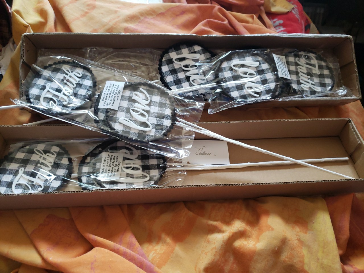 Faith Hope Love Floral Picks Black & White Plaid, Valerie Parr Hill, Set Of Four