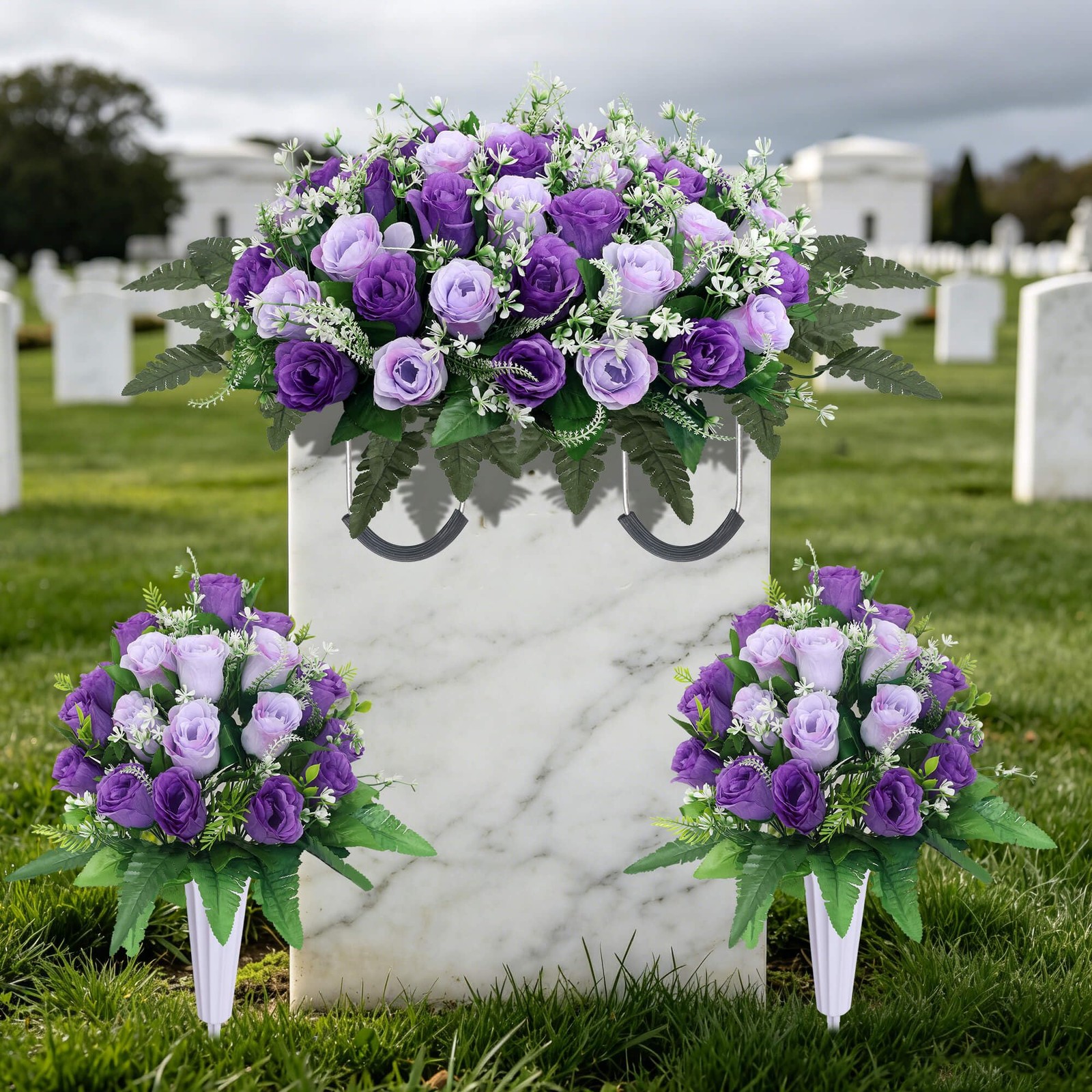 Lodou 3 Sets Cemetery Flowers for Grave,Headstone Flower Saddle,Grave Memoria…