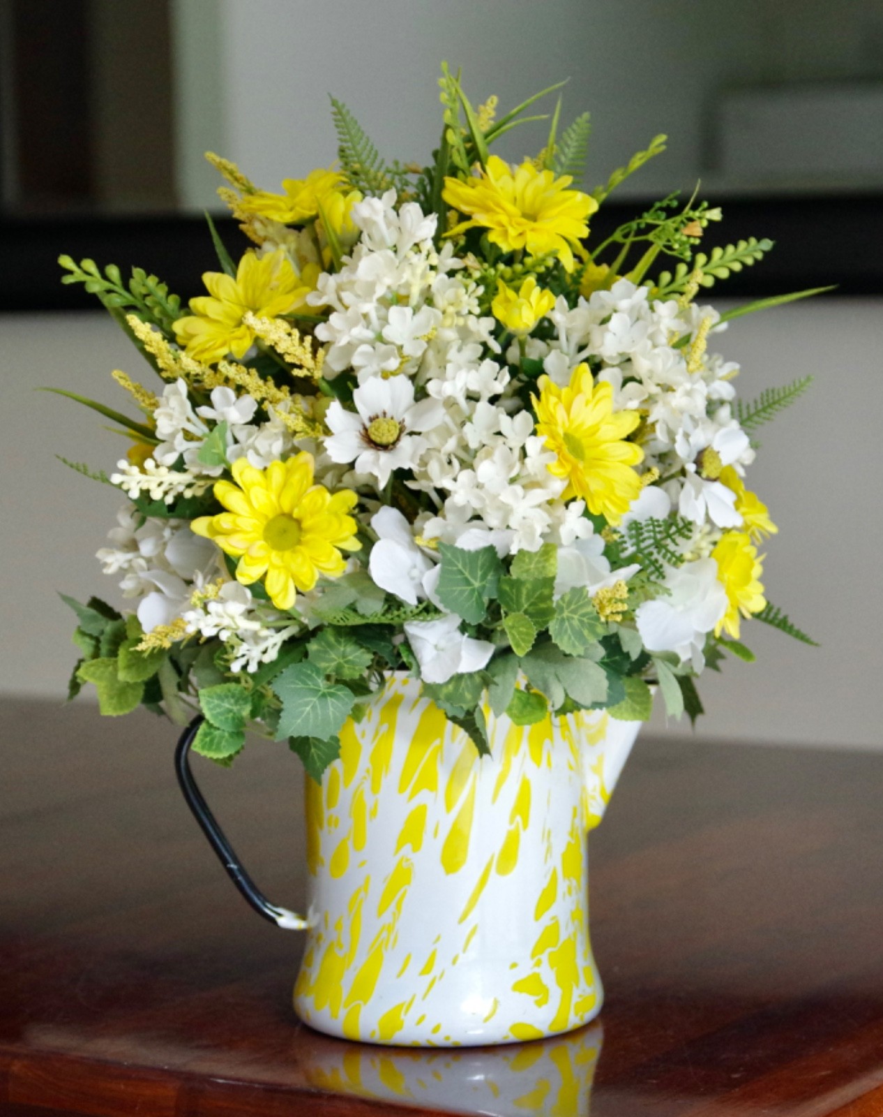 Vintage Enamel Yellow & White Coffee Pot Silk Yellow Daisies & Blue Delphinium