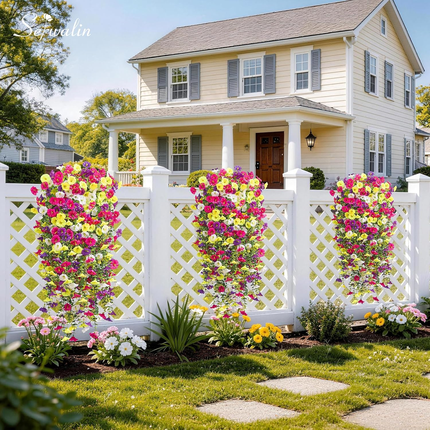 Artificial Hanging Flowers for Outdoors UV Resistant, 4PCS Faux Morning Glory Fa