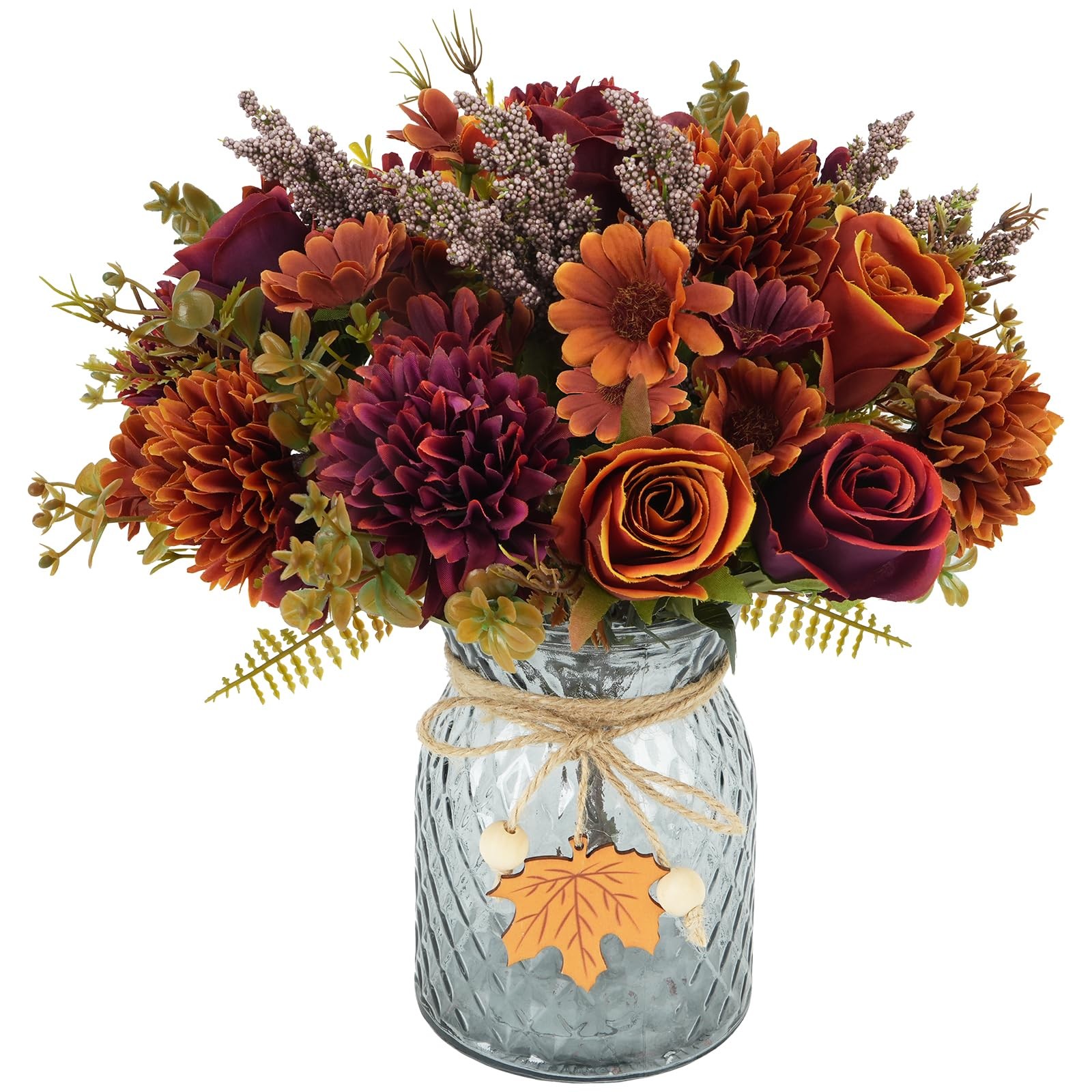 MHMJON Fall Silk Flowers Roses Daisies Vase 3 Bundles