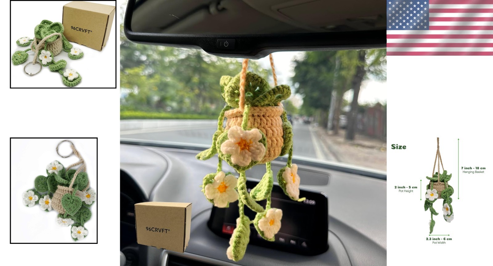 Handmade Crochet Hanging Succulent Car Ornament – Eco-Friendly Gift for Women