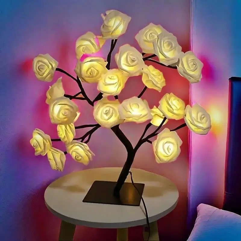 Rose Tree Light Artificial Bonsai Flower Table Lamp USB Battery Powered Romantic
