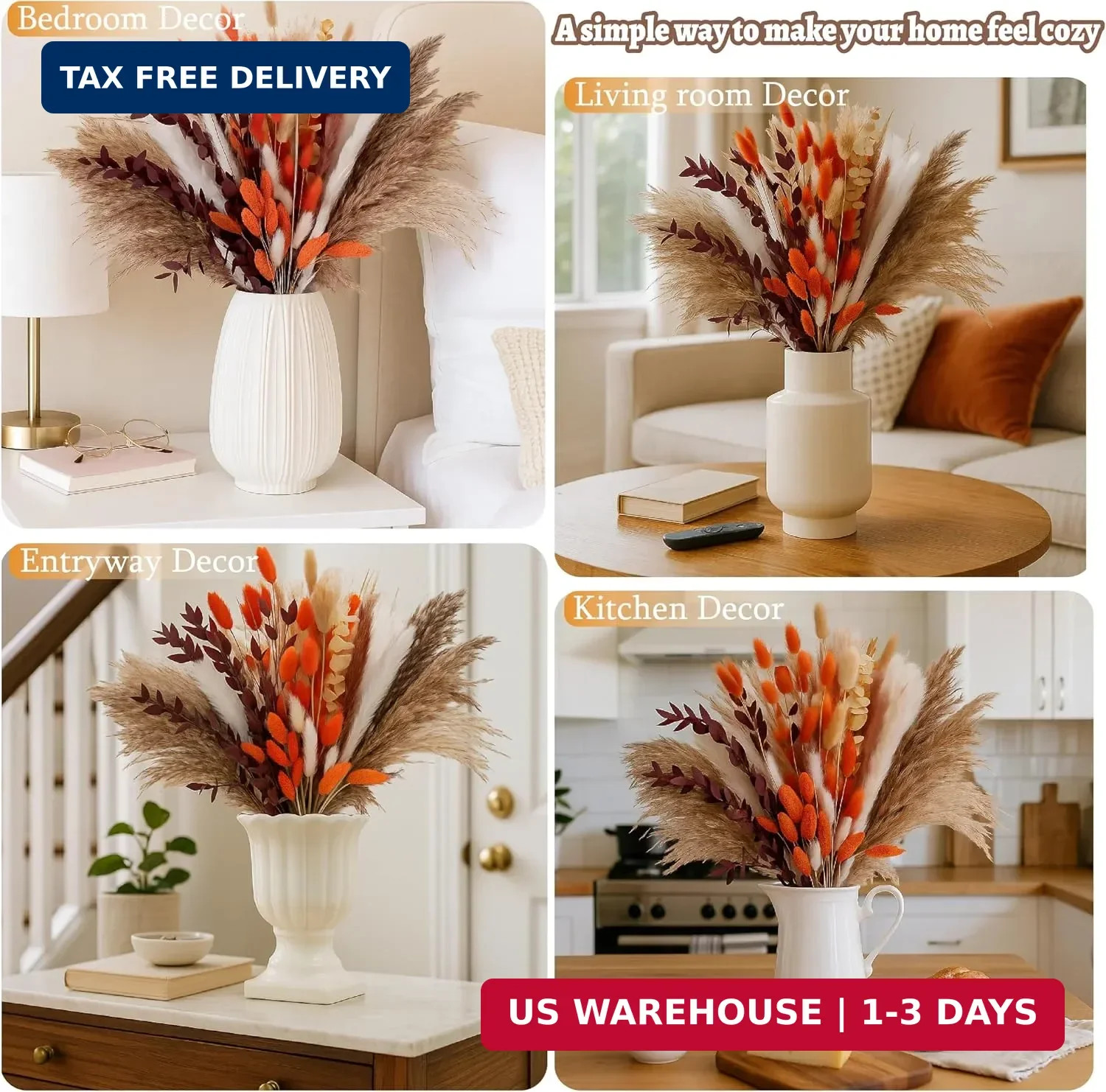 130Pcs Real Orange Pampas Grass, 17″ Natural Dried Flowers Boho Winter Decor, Mi