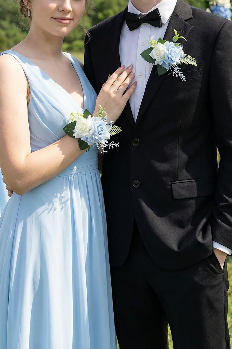 Light Blue Corsage and Boutonniere Set for Wedding Prom Artificial Rose Flow