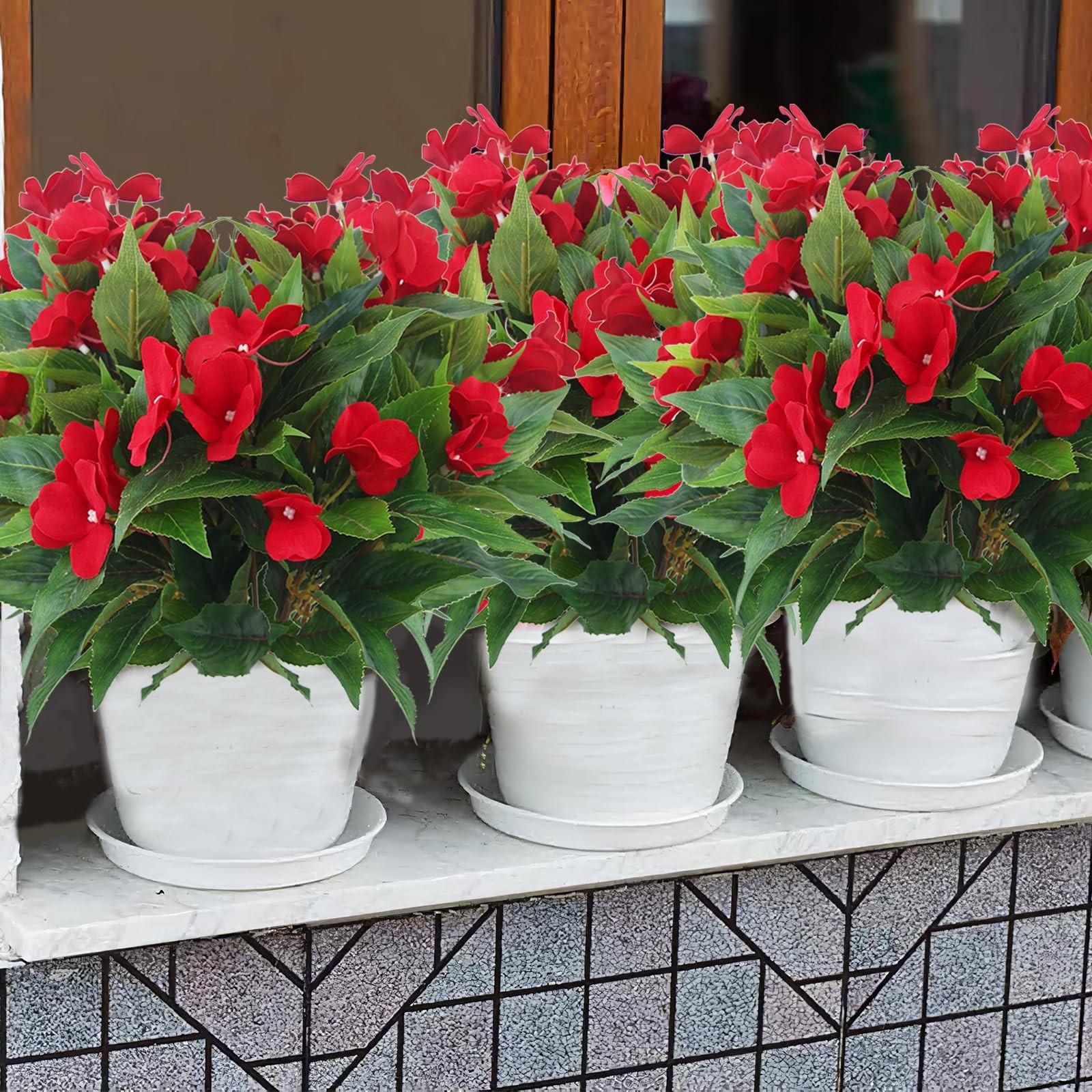 2Pcs Artificial Red Impatien Flowers Outdoor Silk Faux Bush Planter Basket Porch