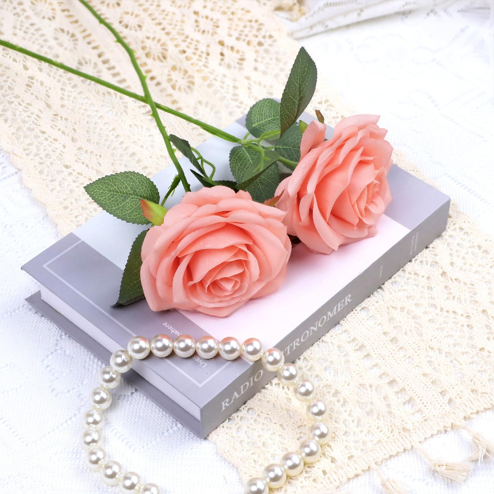 NEVISI 50Pcs Coral Peach Silk Roses with Stems Artificial Flowers
