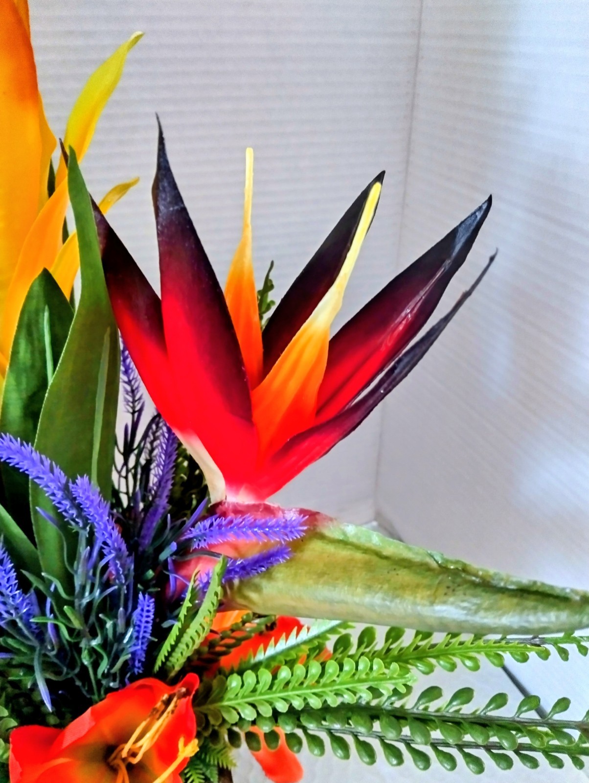 Tropical table centerpiece. Silk flower arrangements RED